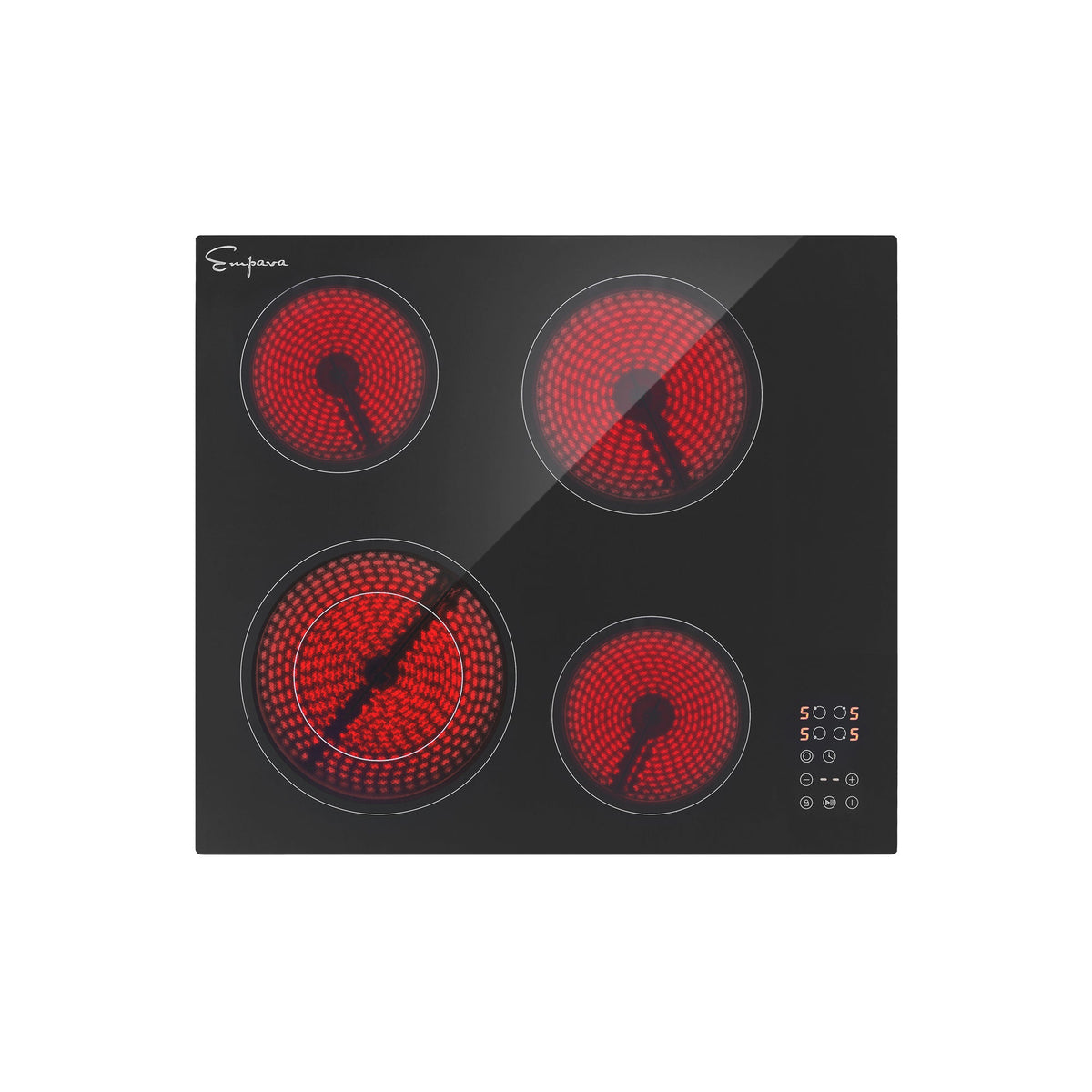 Black glass electric cooktop with four red radiant heating rings and control panel