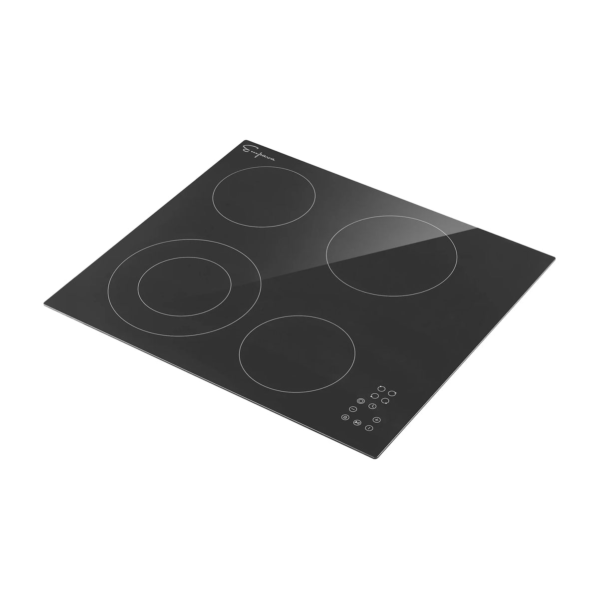 Black glass electric radiant cooktop with four circular burner outlines and touch controls