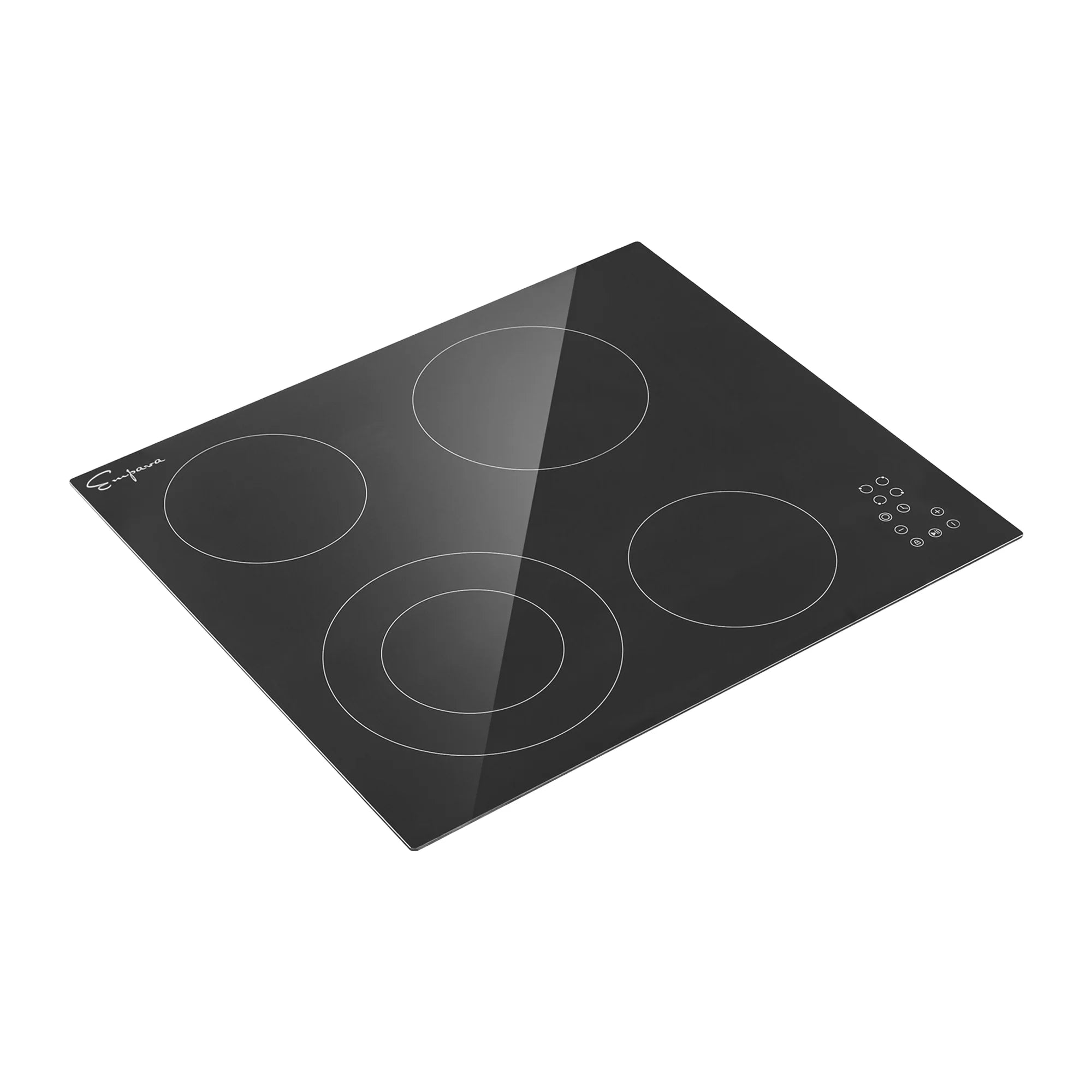 Black glass electric cooktop with four circular radiant zones and touch control area