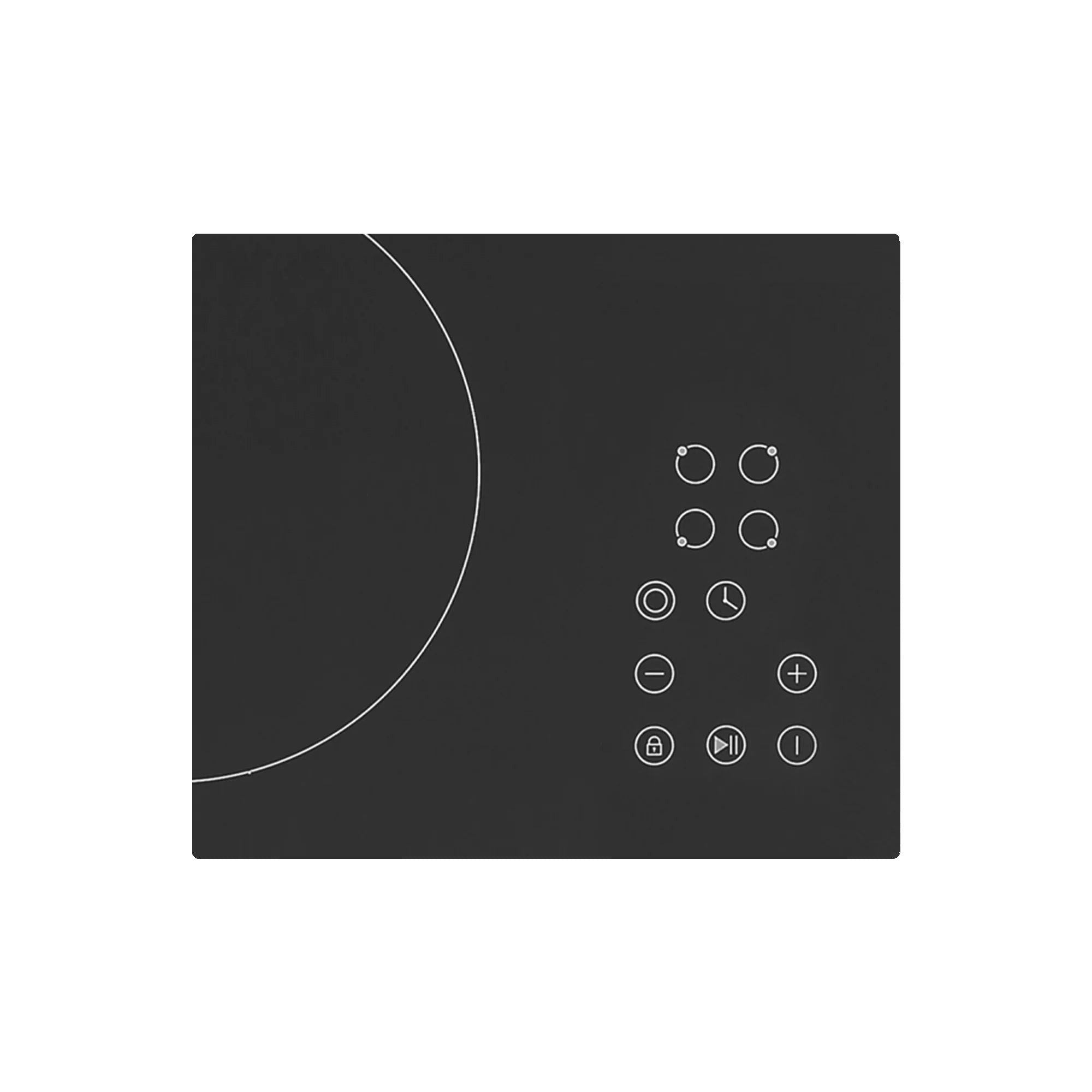 Black glass cooktop control panel with touch buttons and small timer indicators