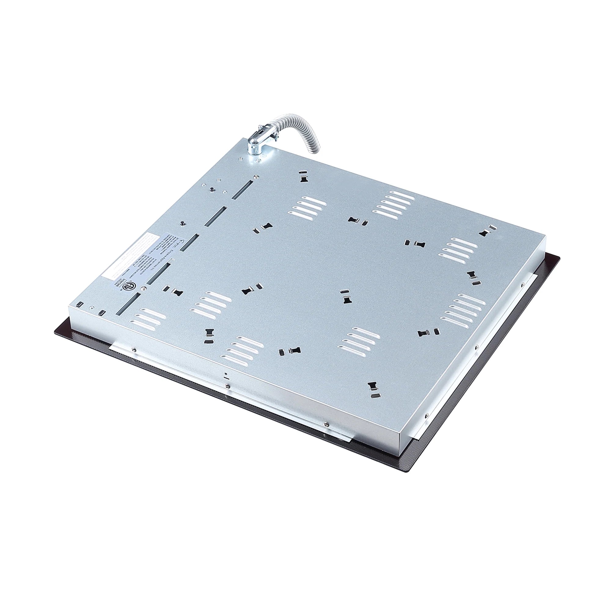 Electric cooktop underside view showing wiring and metal base assembly