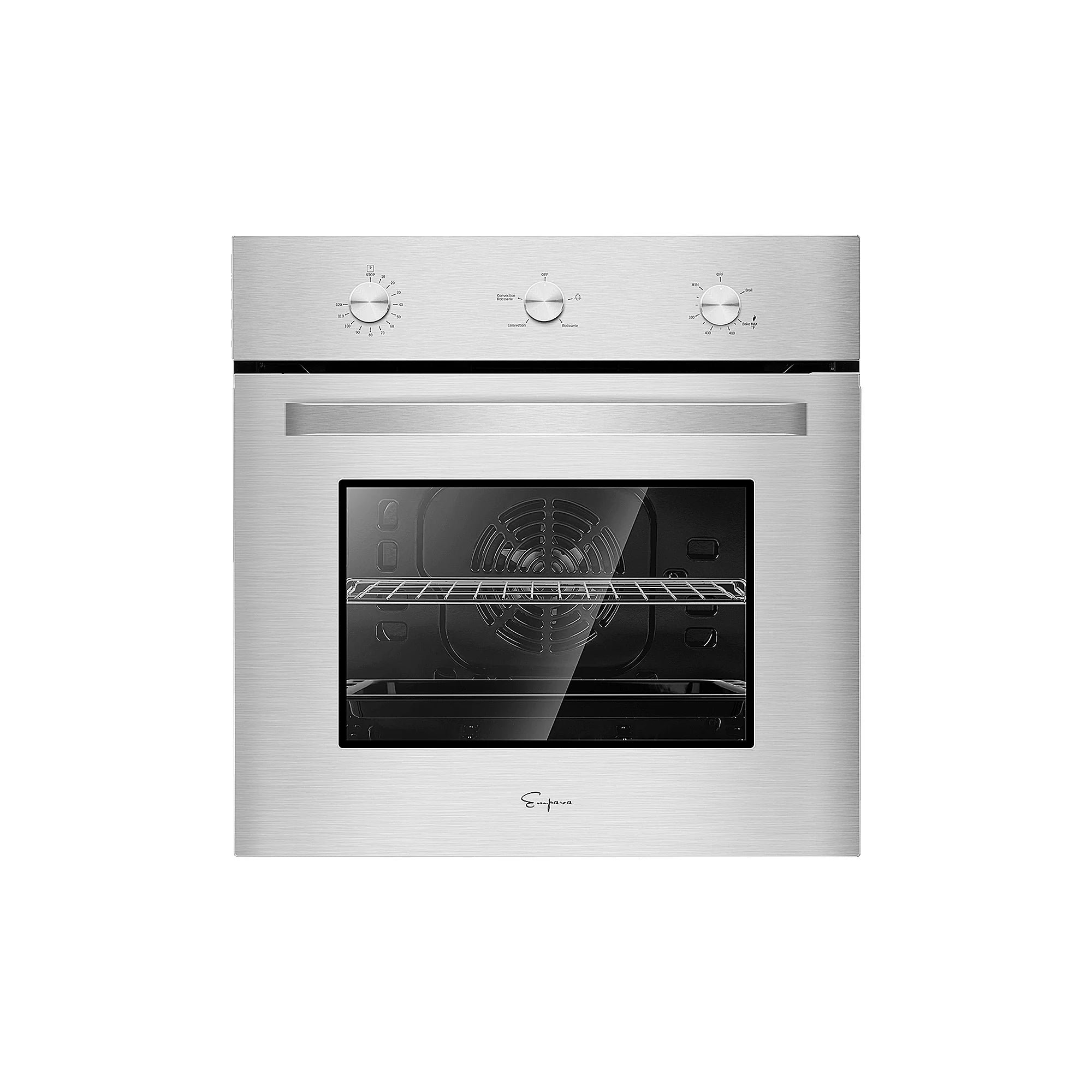 Stainless steel natural gas single wall oven with viewing window and control knobs