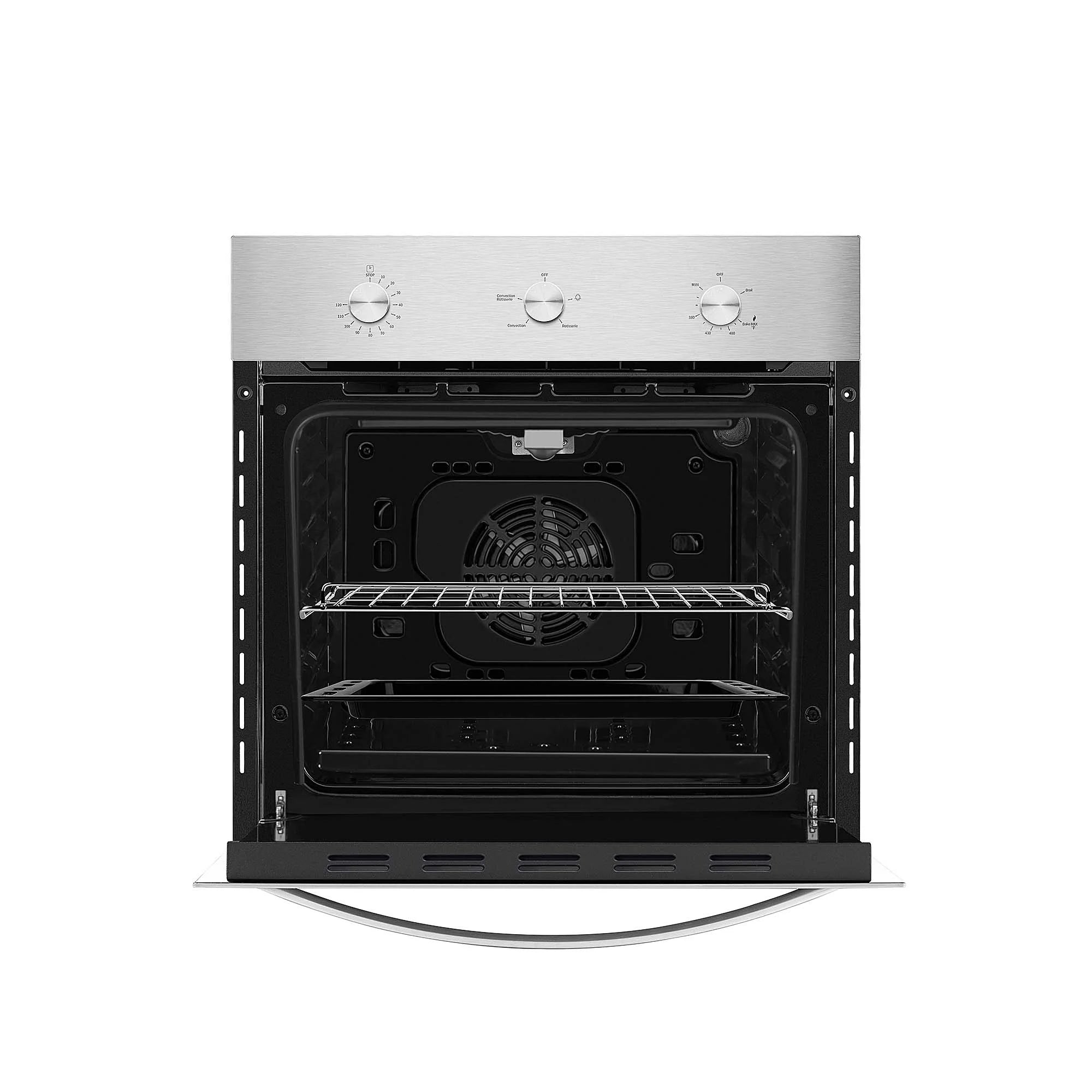 Open stainless steel wall oven with black cavity and built-in oven fan