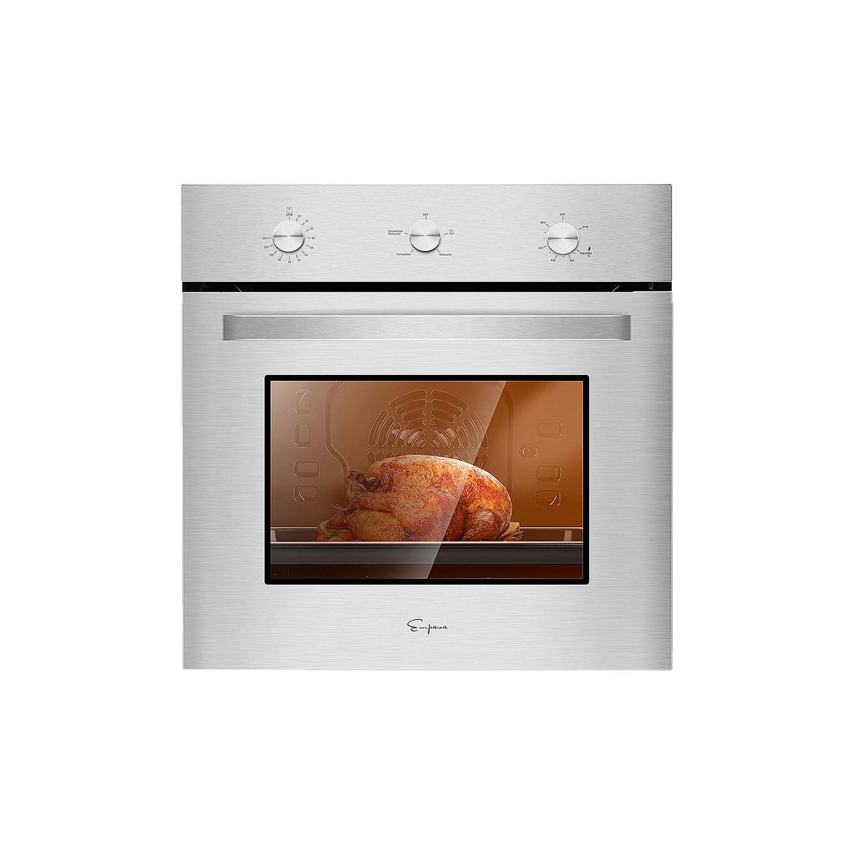 Stainless steel wall oven with control knobs and glass oven door