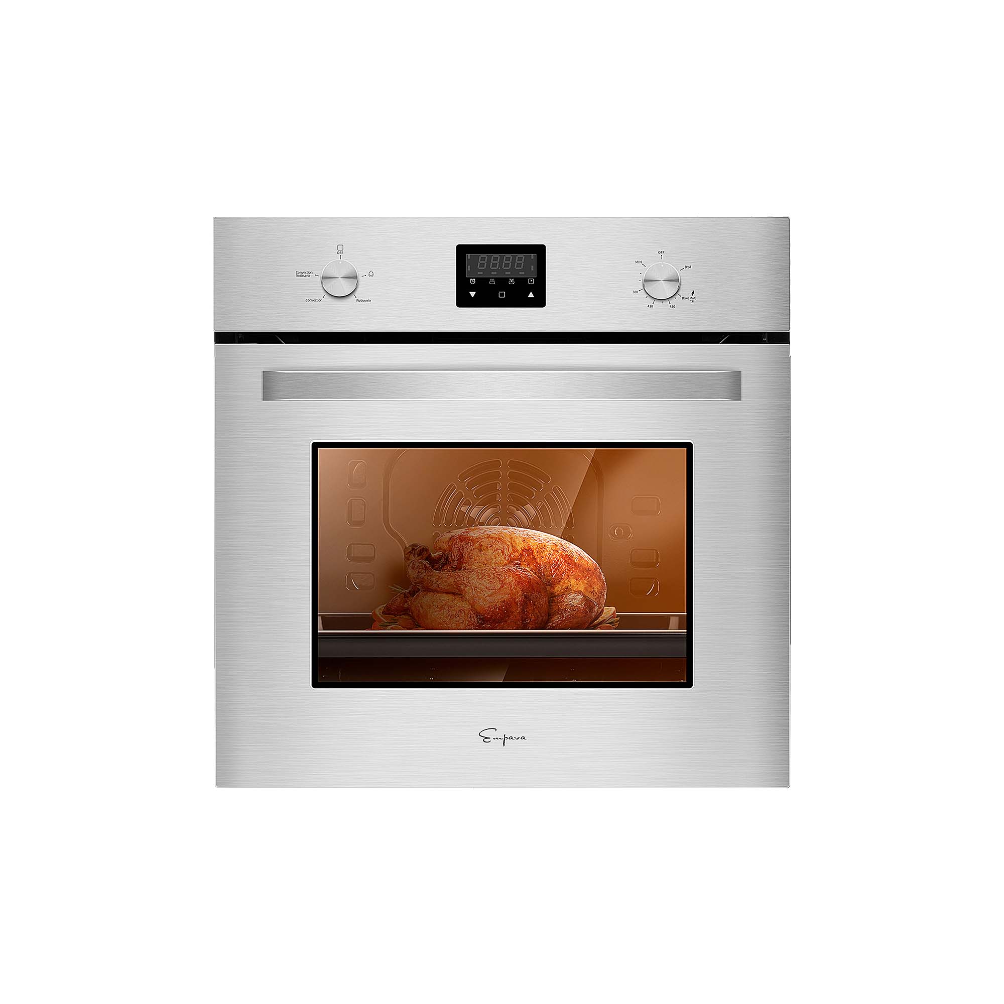 24-inch single wall propane oven with stainless door and lit interior cooking chicken