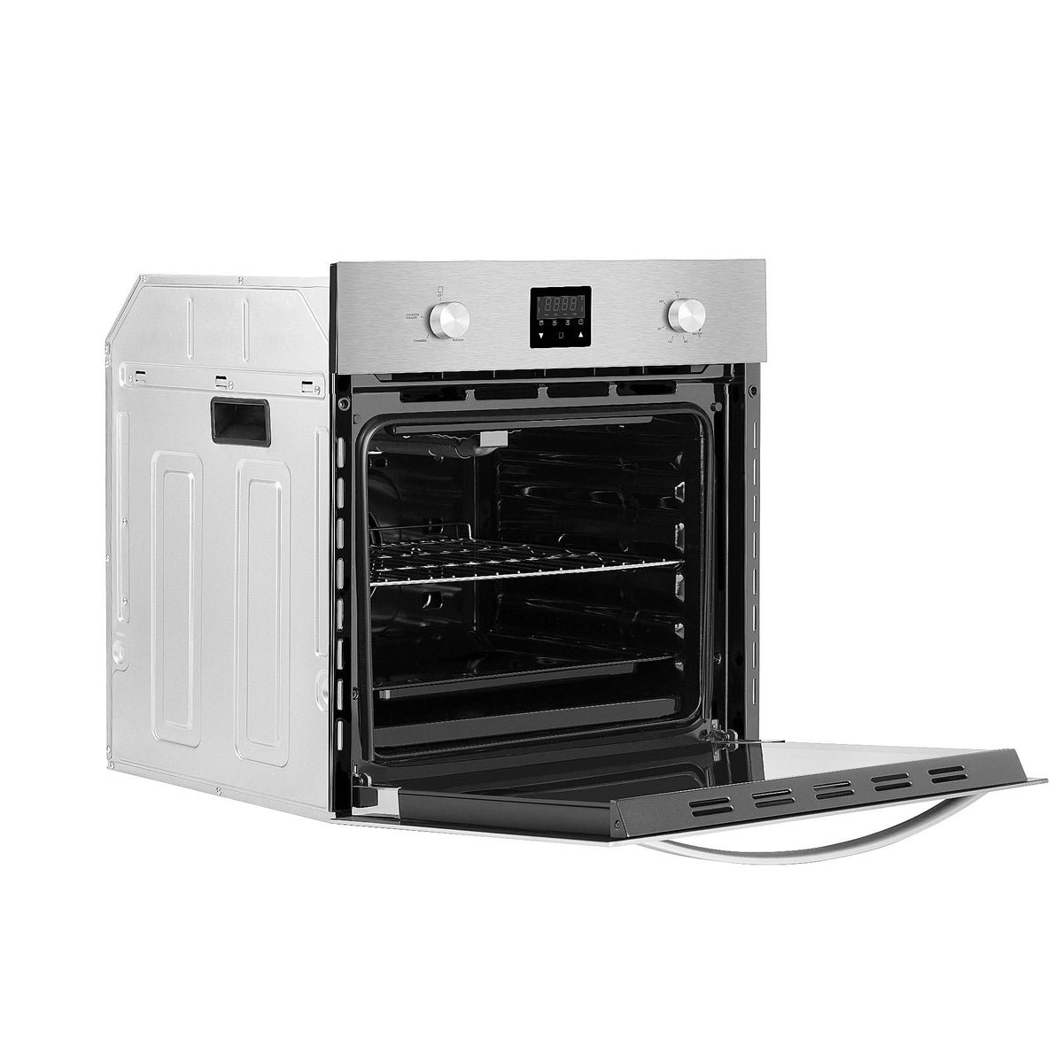 Single wall propane oven with open door showing black oven interior and racks
