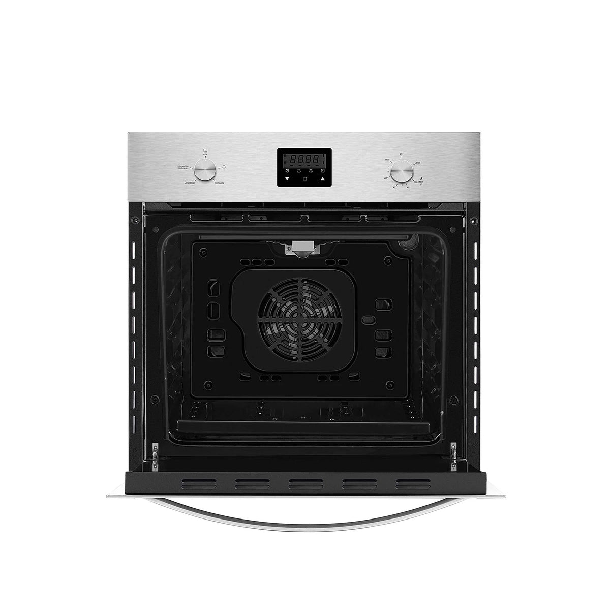 Single wall propane oven interior with fan, grates, and oven rack supports