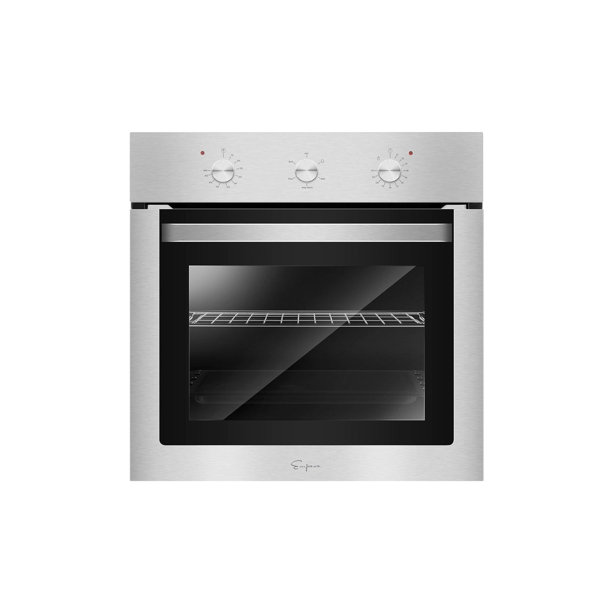 Stainless steel single electric wall oven with glass door and control knobs