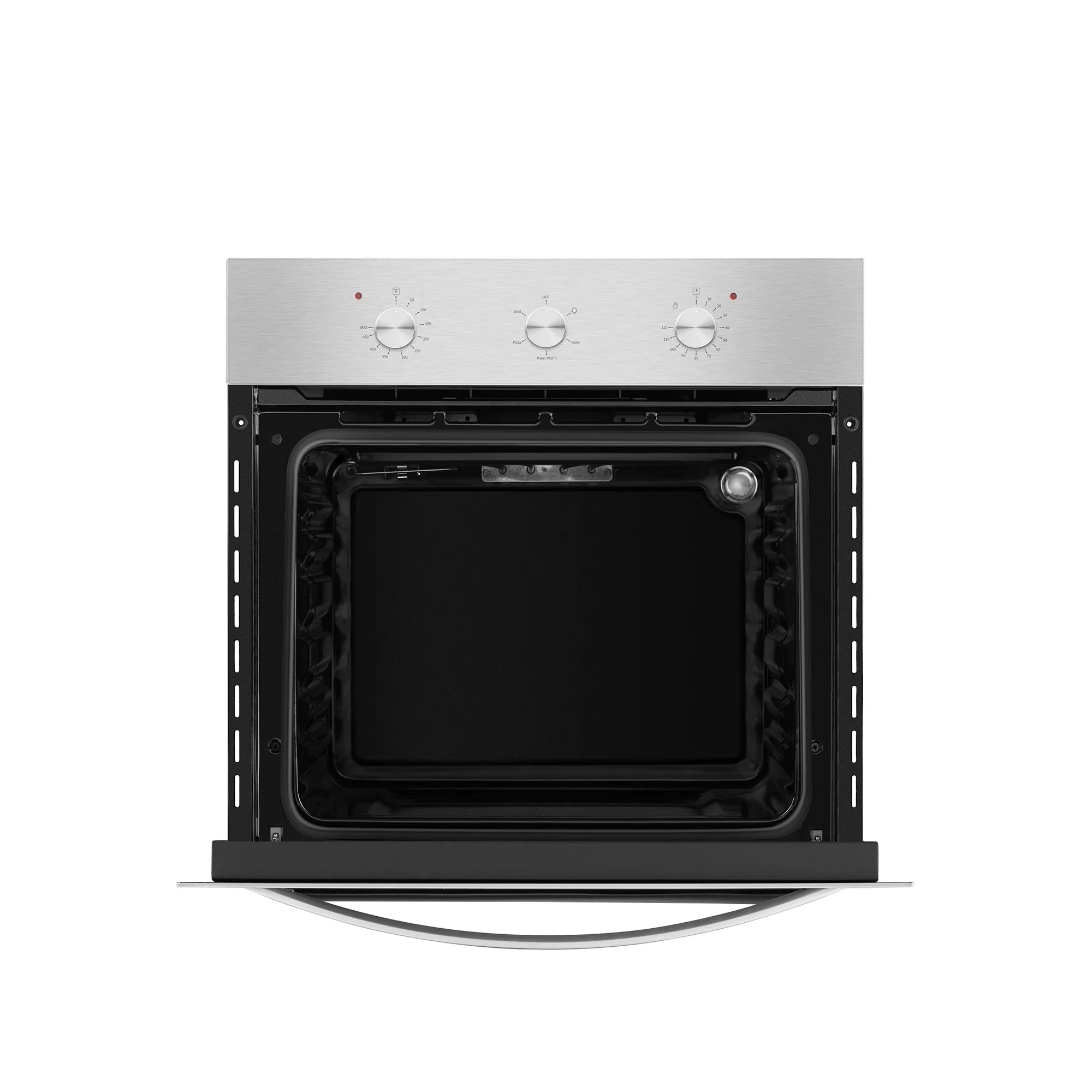 Single wall oven with door open, black interior, and round control knob
