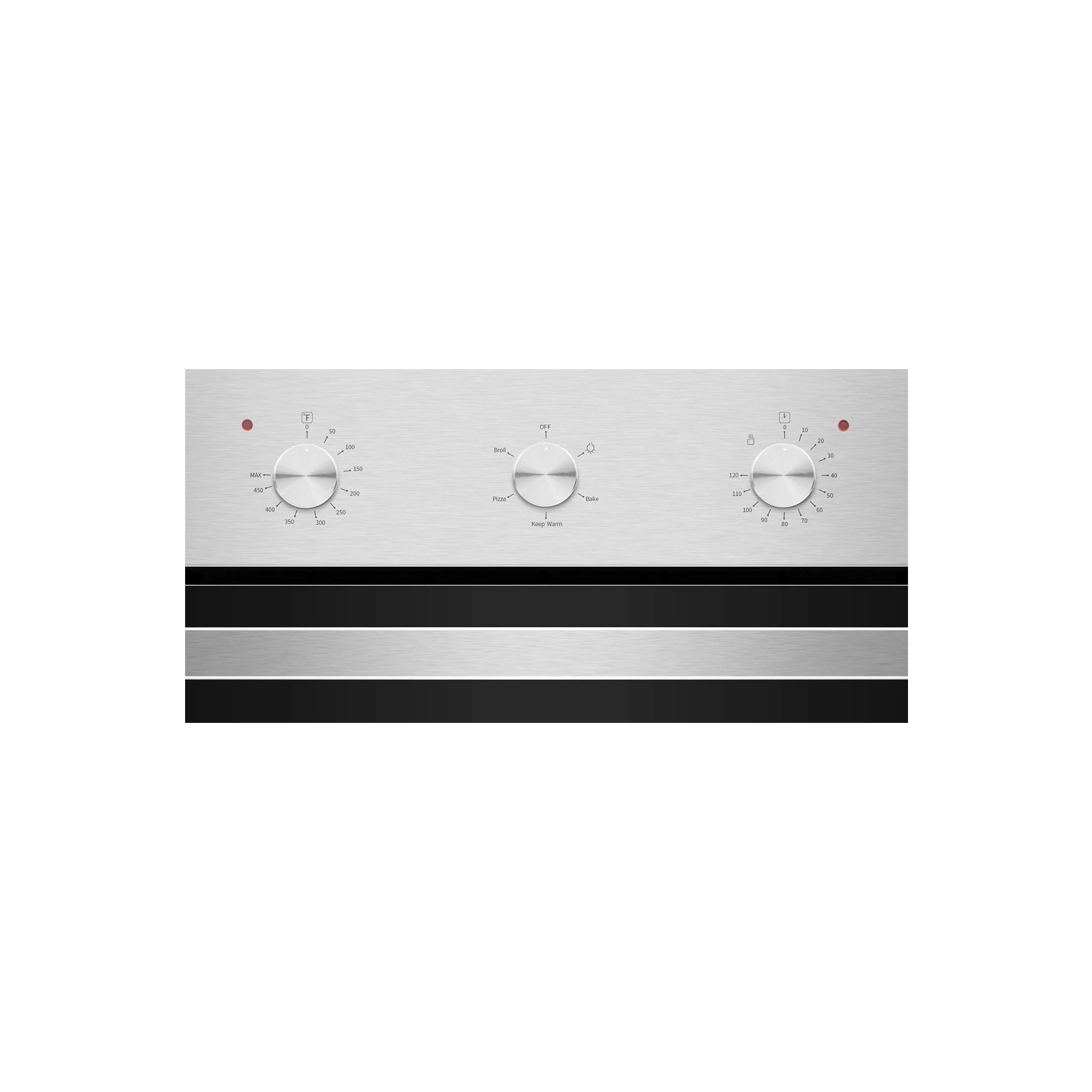 Stainless steel oven control panel with three round knobs and indicator lights