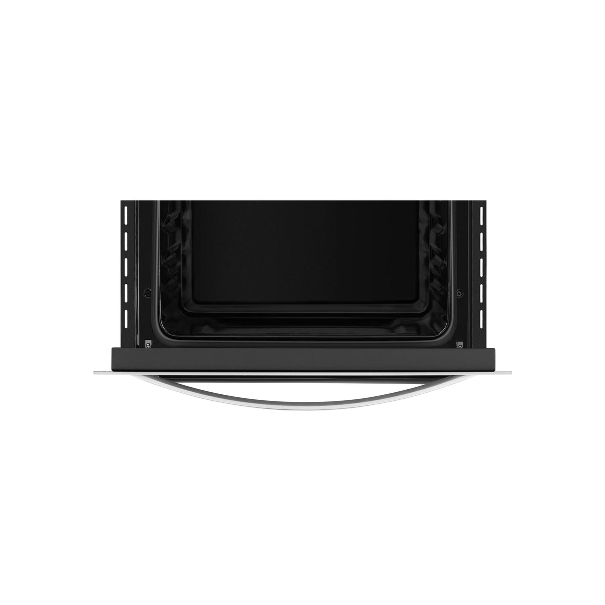 Single wall oven door open showing black cavity and internal side rails