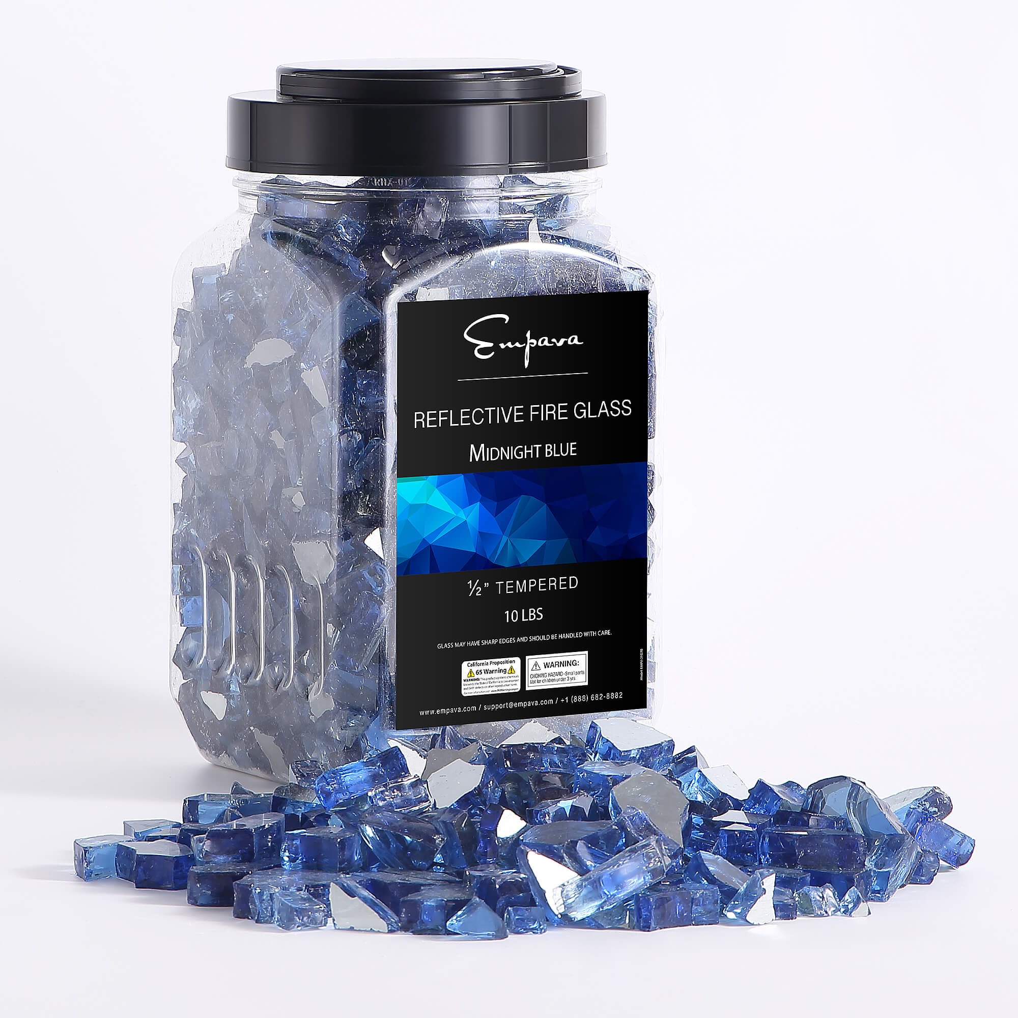 Tempered reflective fire glass in clear jar with black lid and label, midnight blue