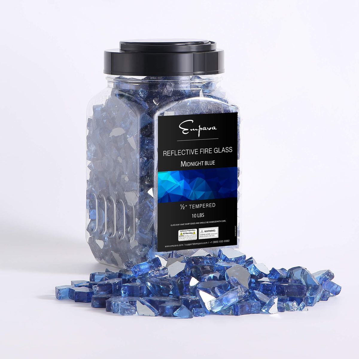 Midnight blue tempered fire glass crystals in clear jar with black lid