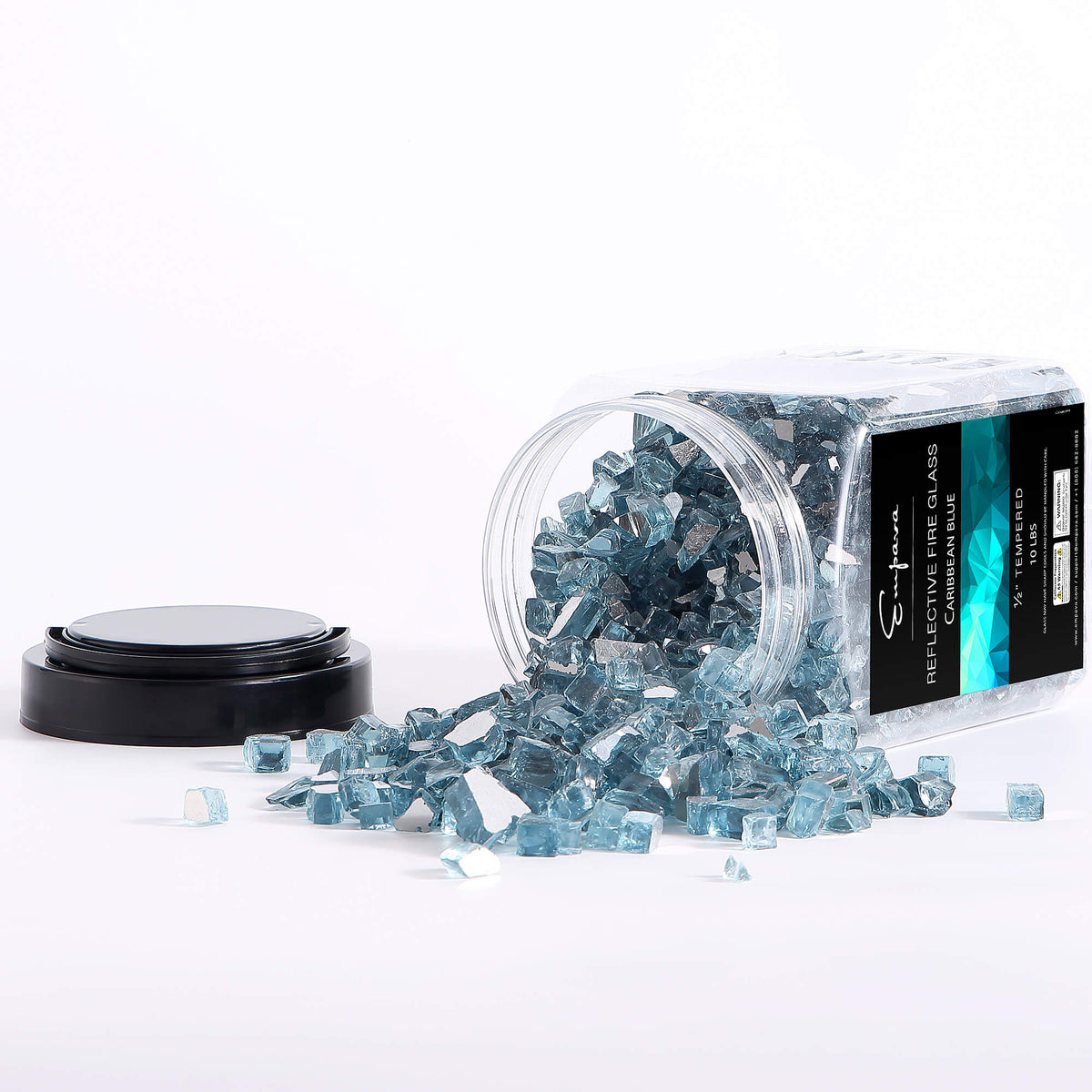 Clear canister with scattered Caribbean blue tempered reflective fire glass pieces