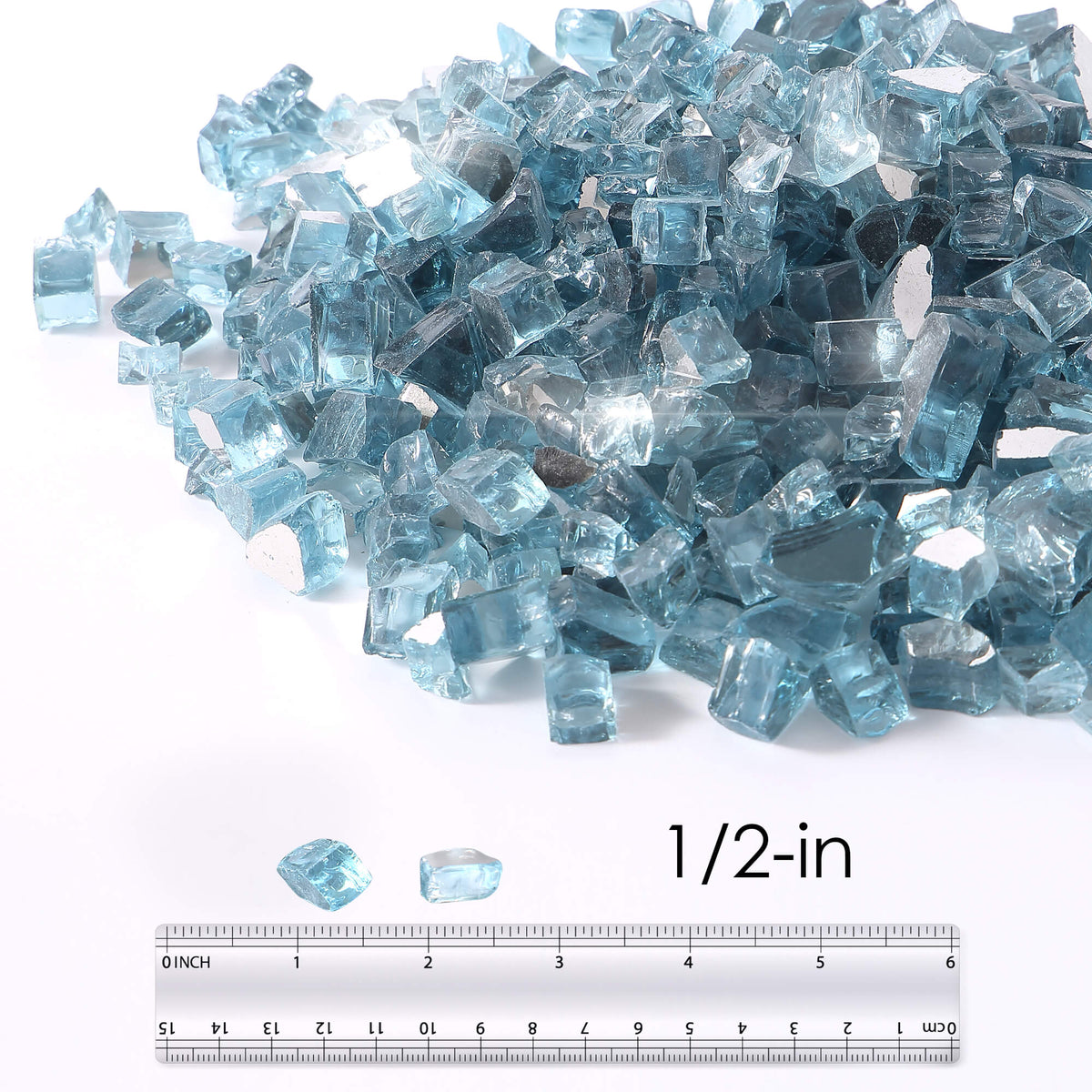 Caribbean blue tempered reflective fire glass pieces with 1/2-in size ruler