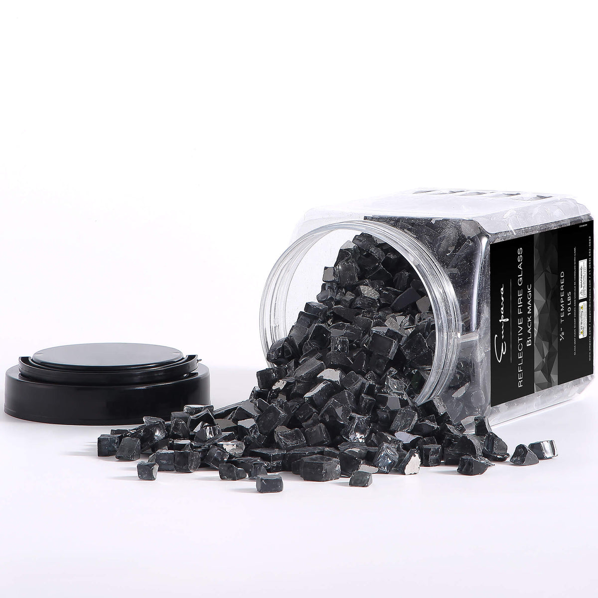 Clear jar of black reflective tempered fire glass with scattered pieces