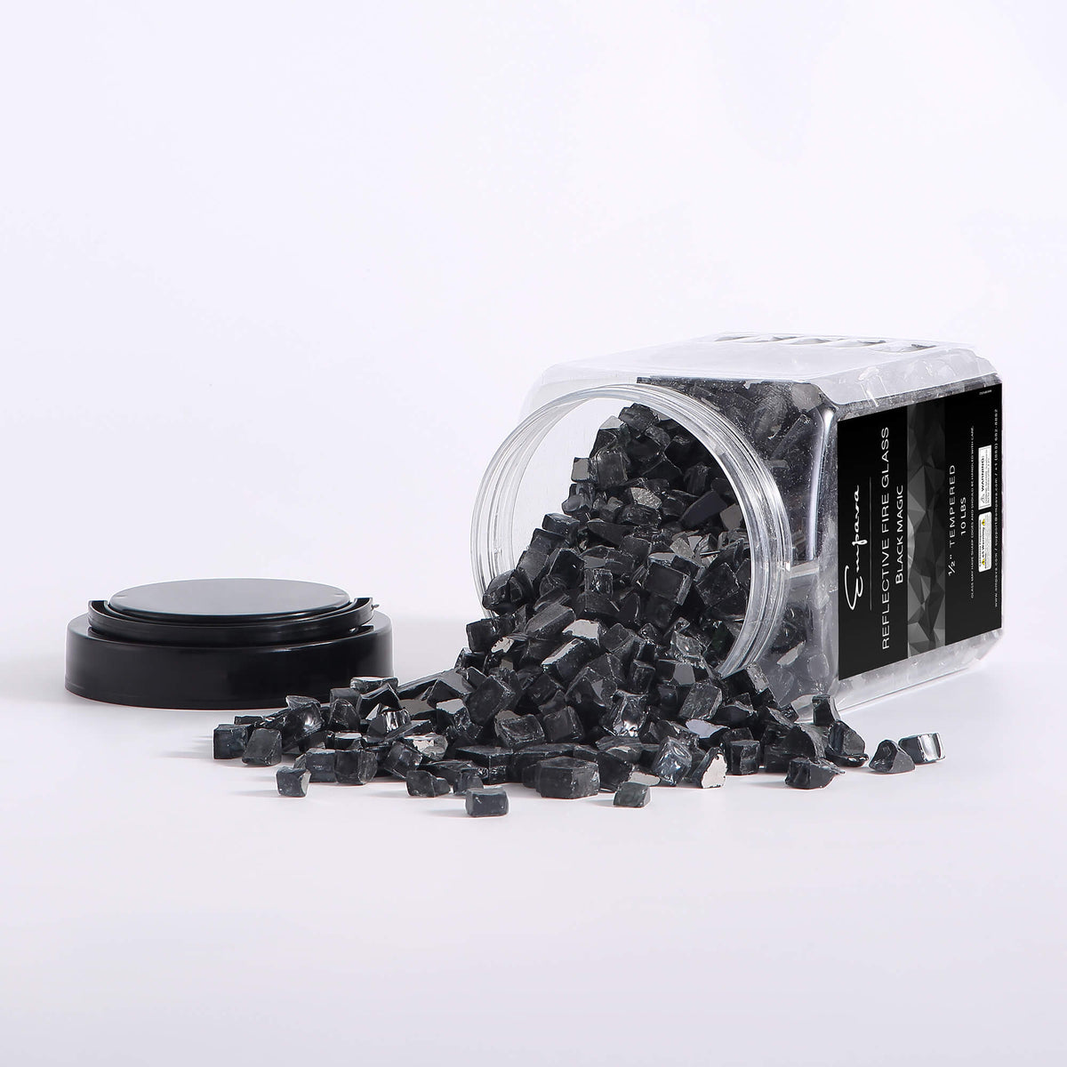 Black reflective tempered fire glass jar with loose glass pieces