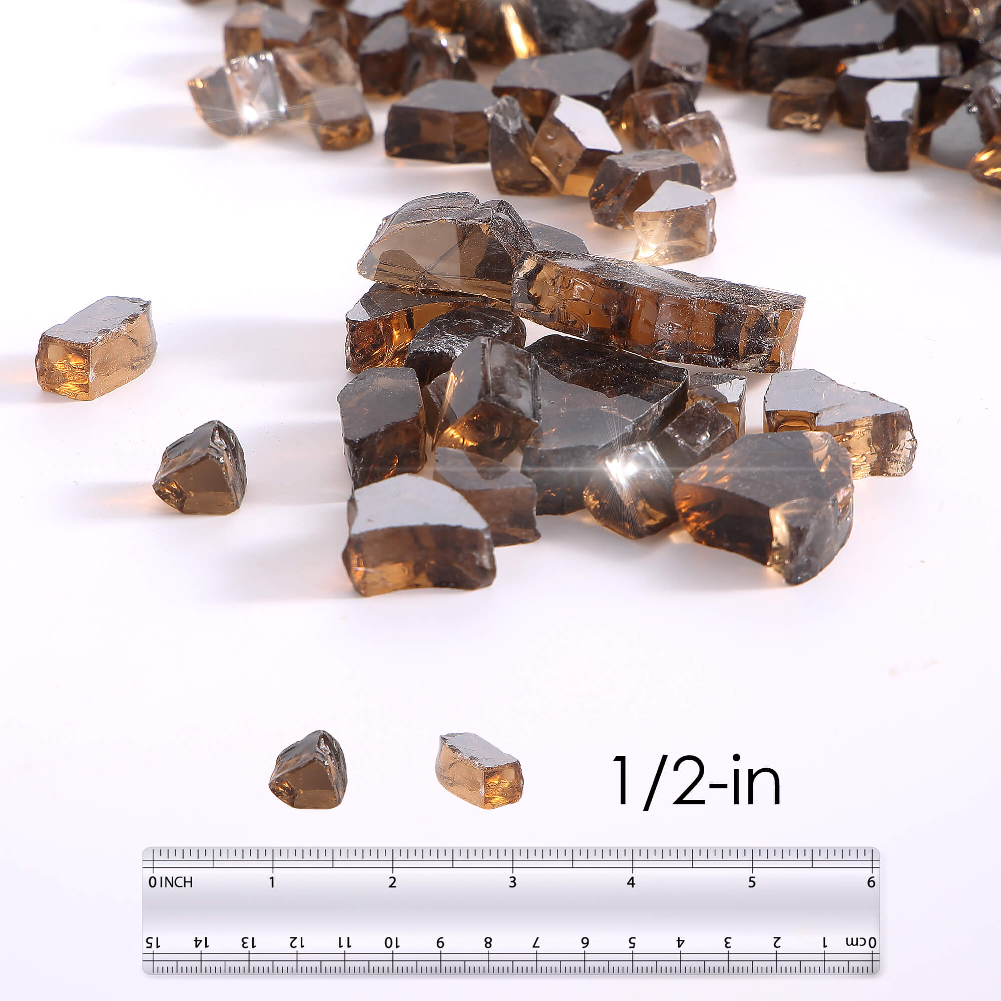 Copper tempered fire glass stones with 1/2-in size reference ruler