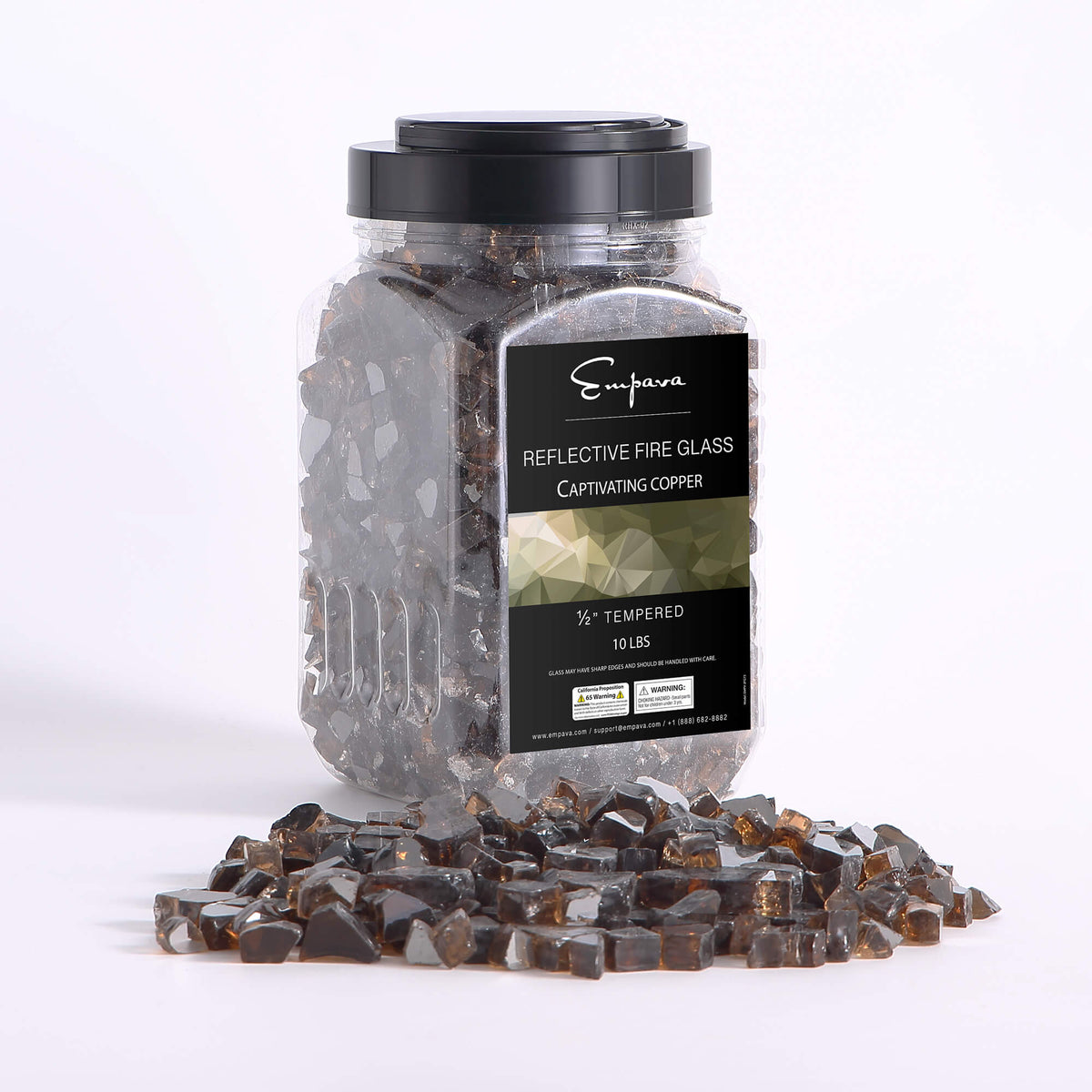 Tempered reflective fire glass stones, copper and dark bronze, in clear jar