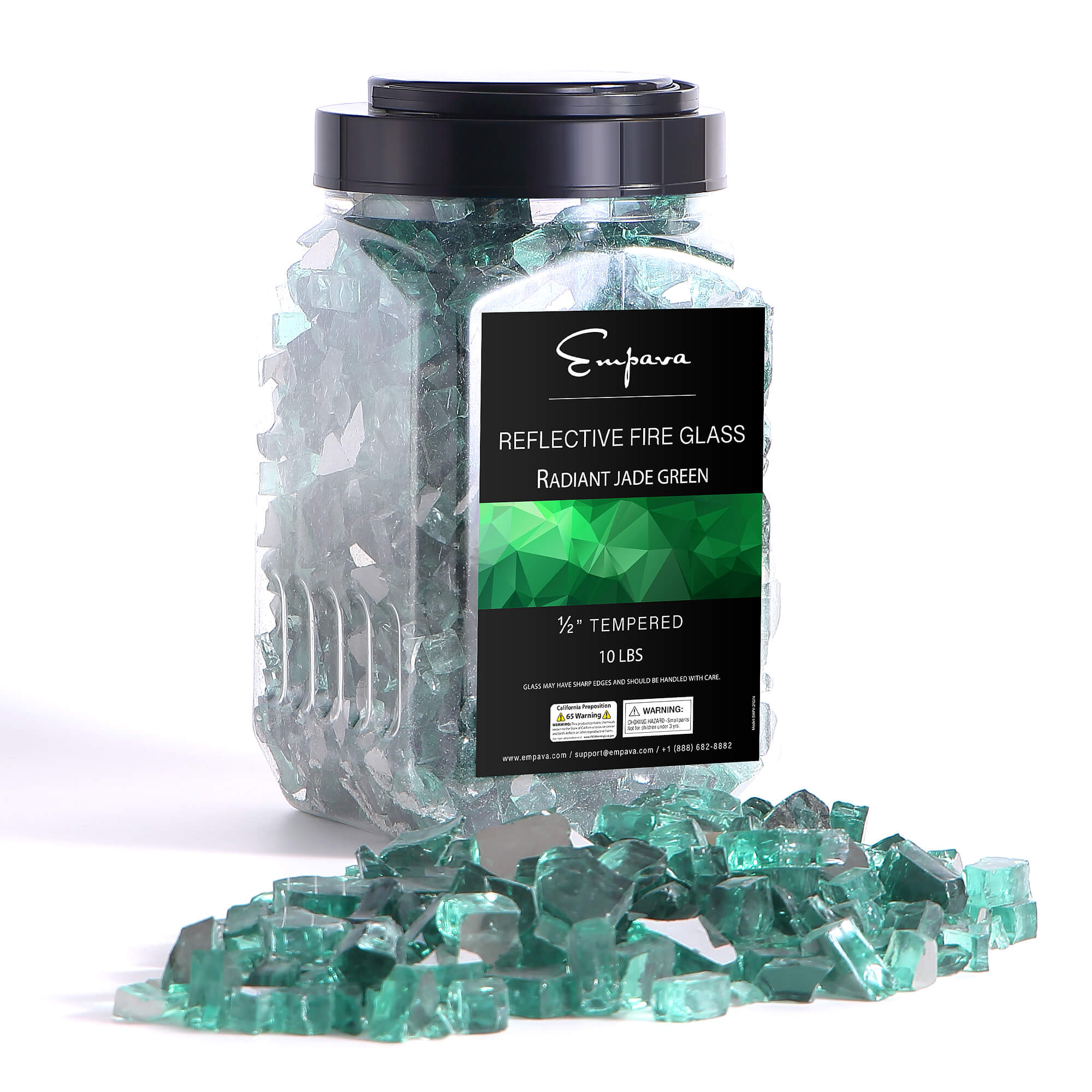 Jade green tempered fire glass with jar and small pile of reflective glass pieces