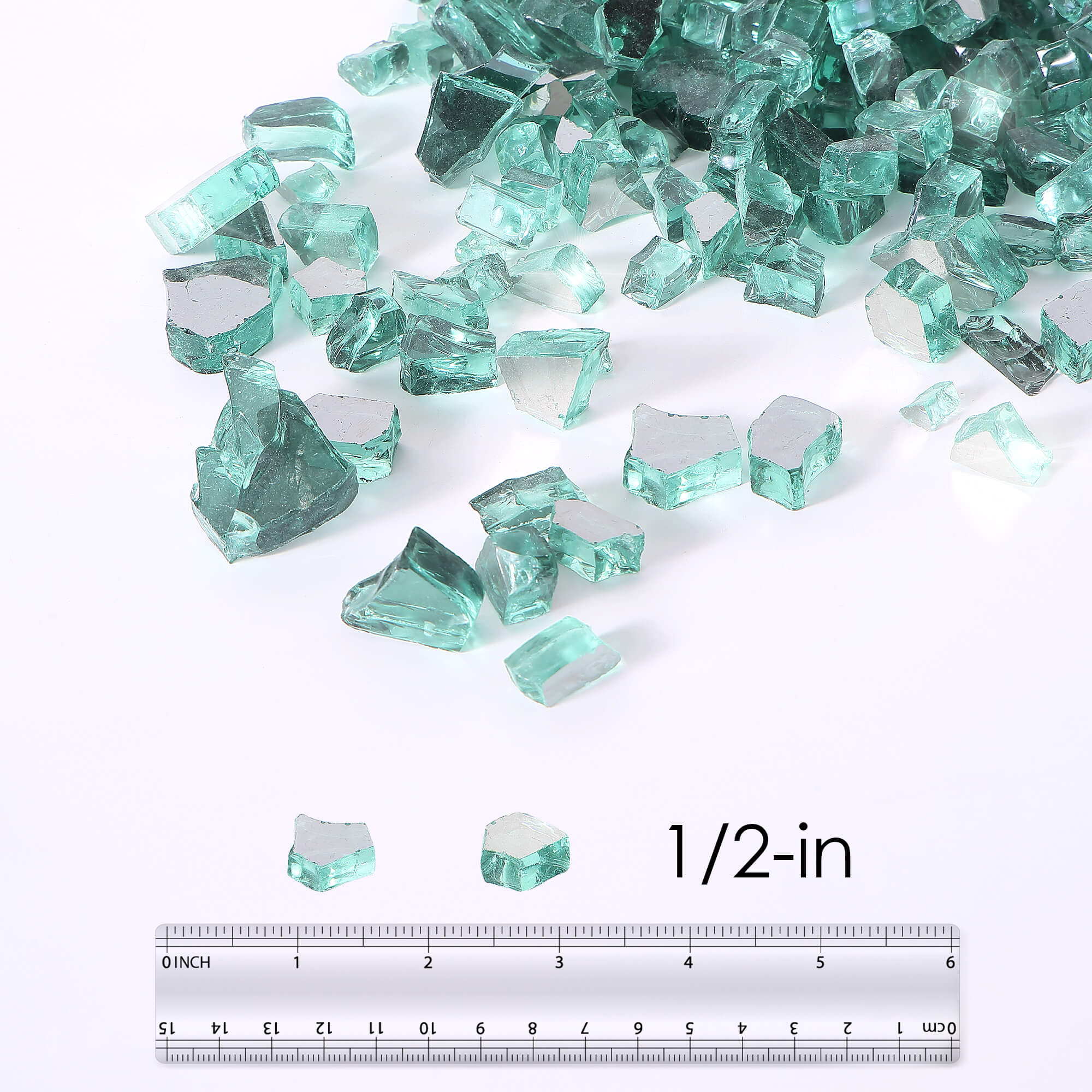 Jade green tempered fire glass pieces with 1/2 in size reference