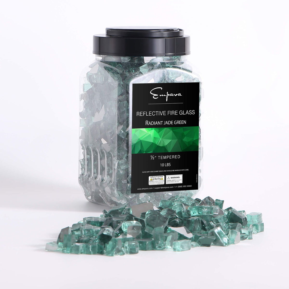 Jade green tempered fire glass with clear jar and scattered reflective glass pieces
