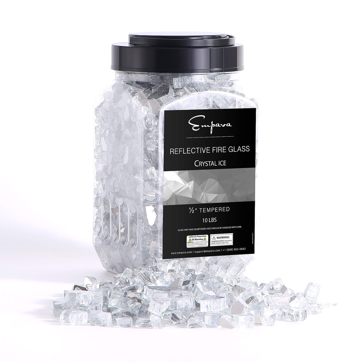 Crystal ice tempered reflective fire glass jar with label and clear glass pieces on the floor