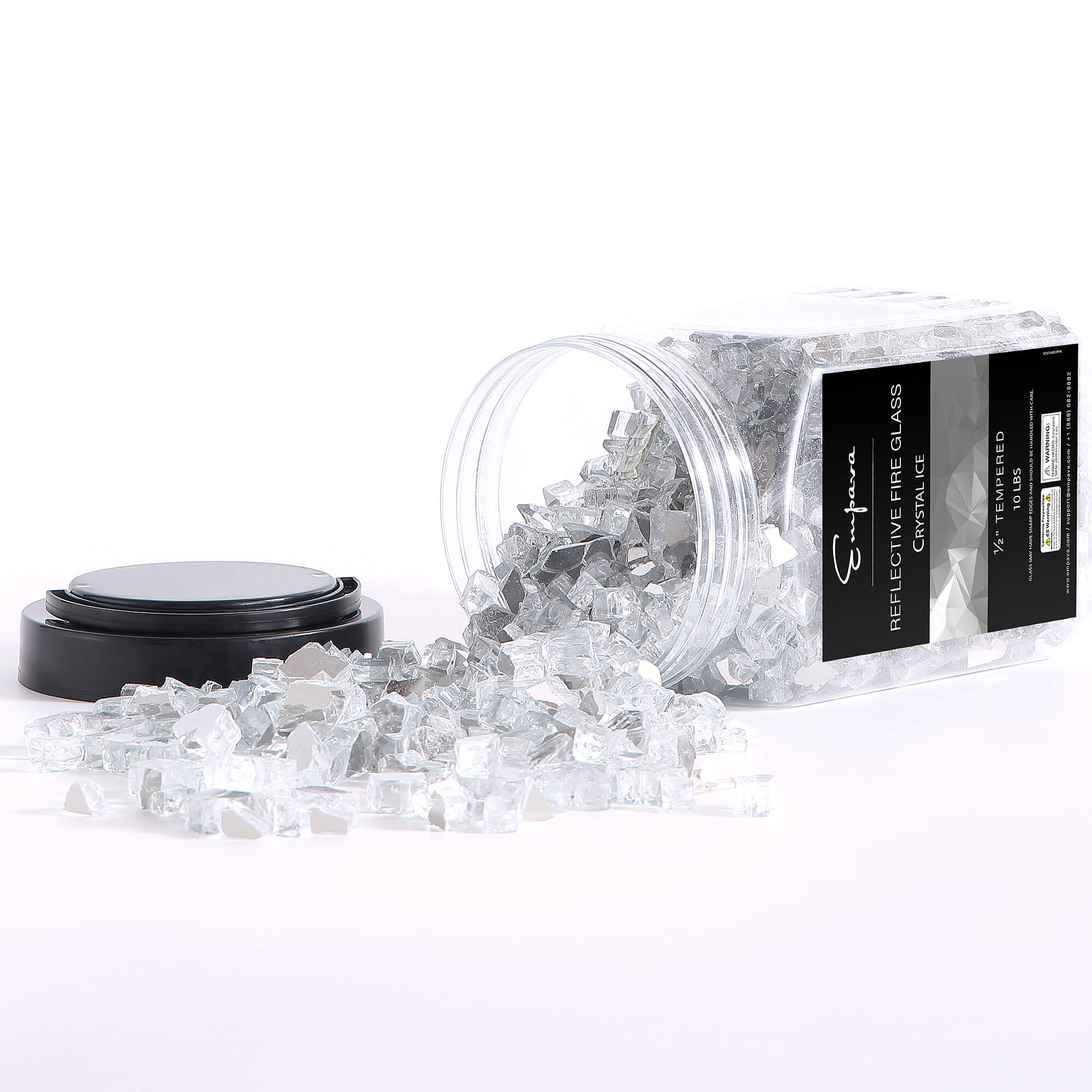 Tempered reflective fire glass in crystal ice, black-lid jar, clear glass cubes and packaging