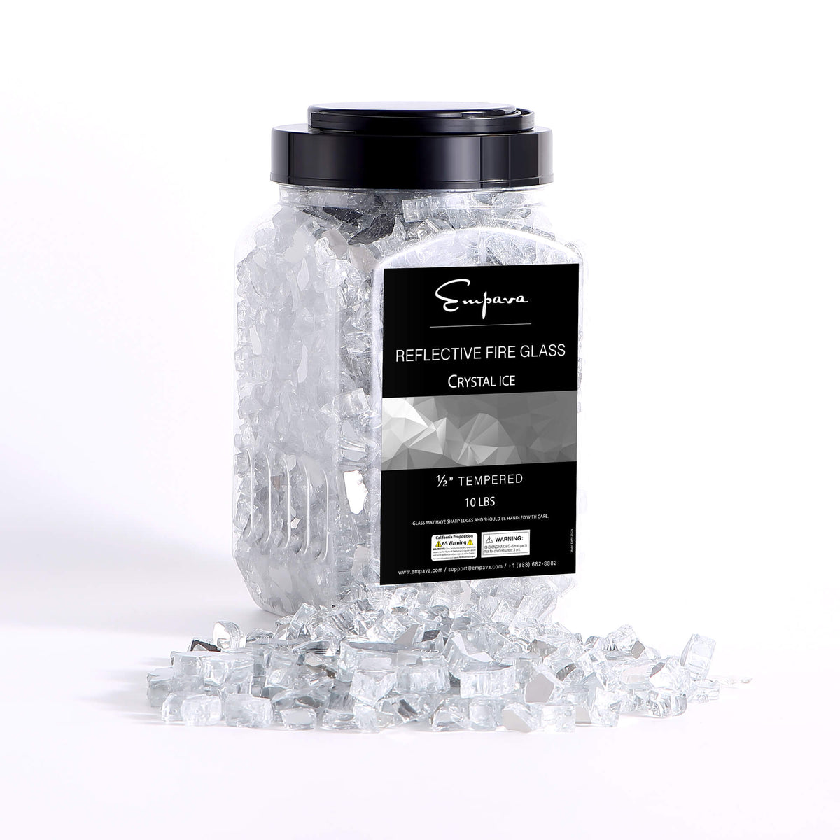 Tempered reflective fire glass in crystal ice, black-lid jar with scattered clear glass pieces