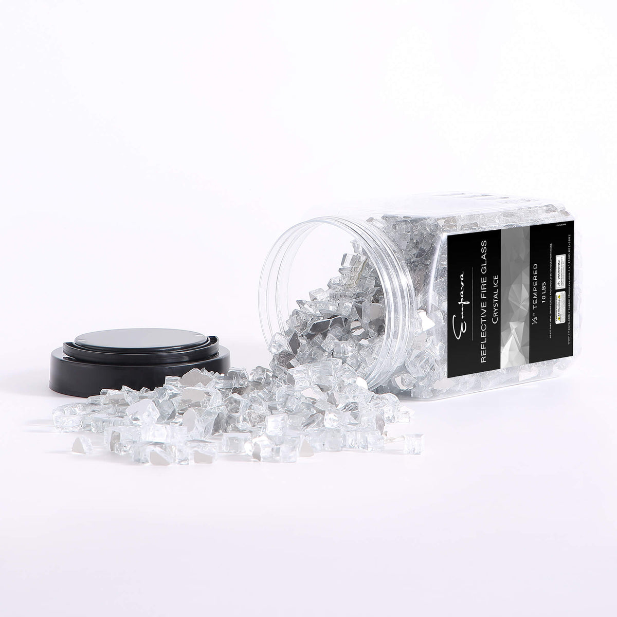 Crystal ice tempered fire glass jar with black lid and clear reflective glass cubes spilled out