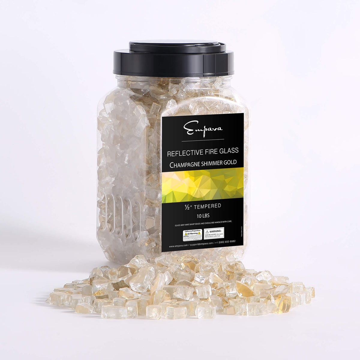 Champagne shimmer gold tempered fire glass, loose pieces with lidded jar