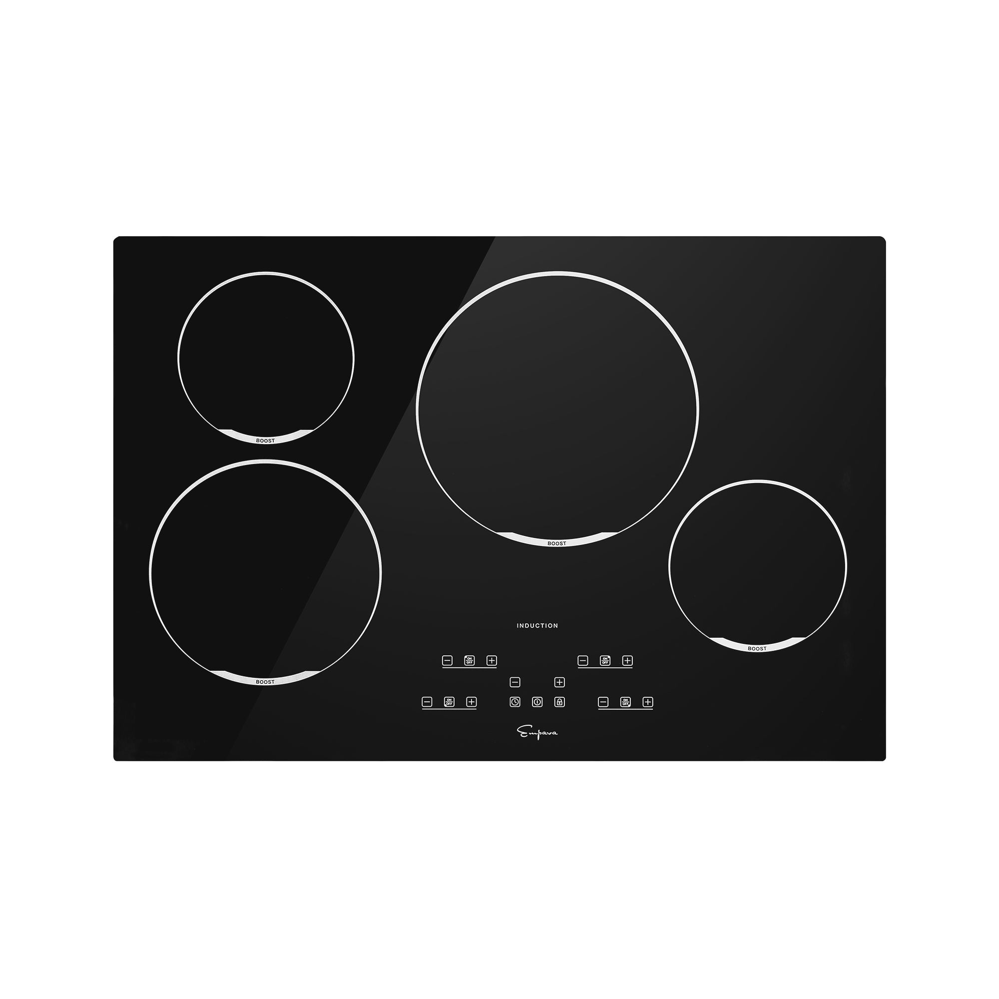 4-burner black induction cooktop with four glass touch cook zones and control panel.