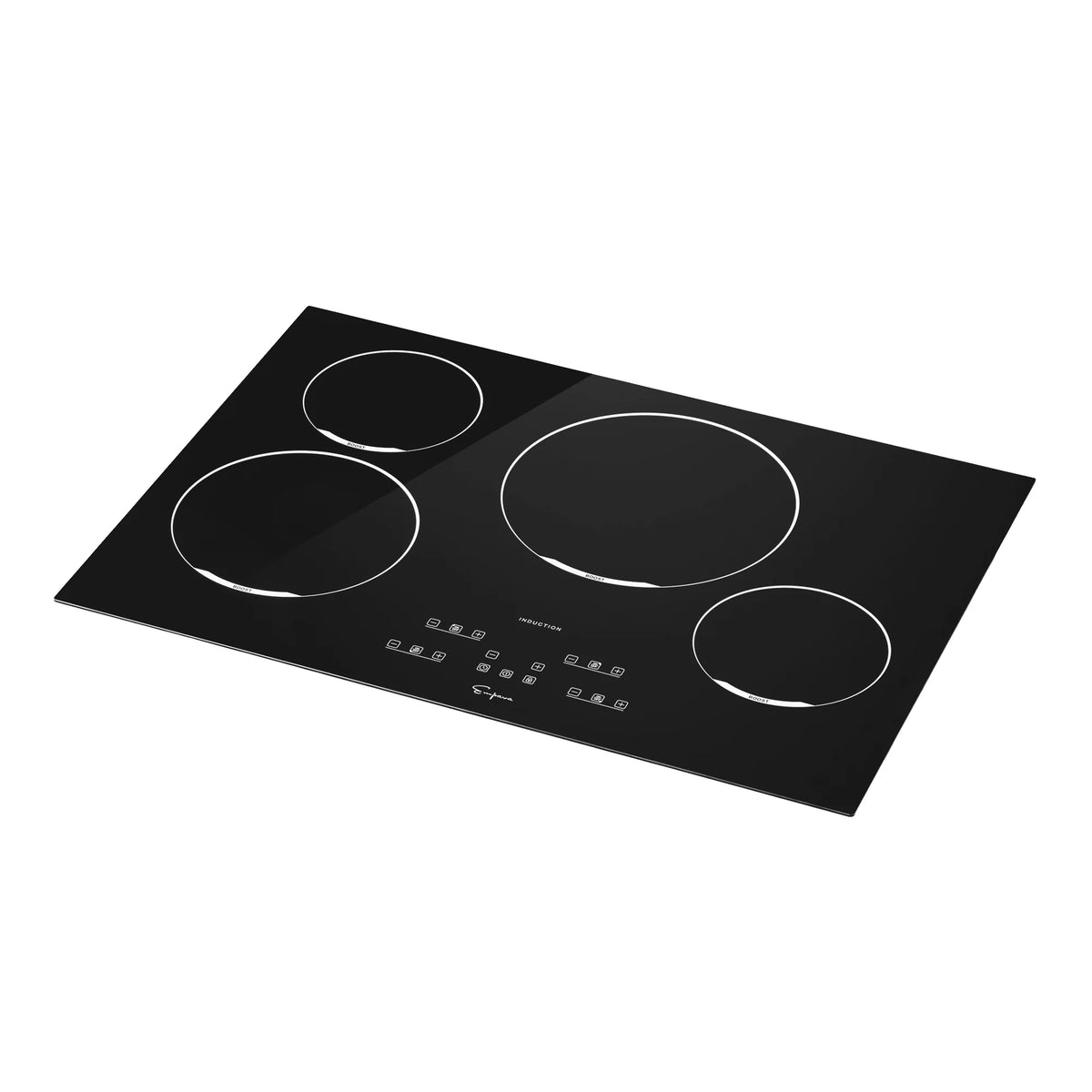 Black glass induction cooktop angled view showing four burner zones and settings panel.