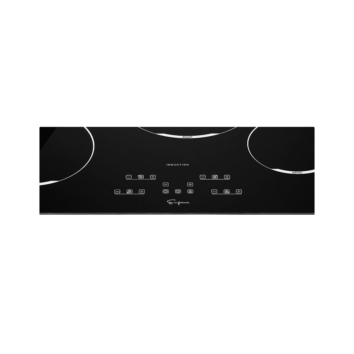Black induction cooktop control panel close-up with touch buttons and indicator icons.