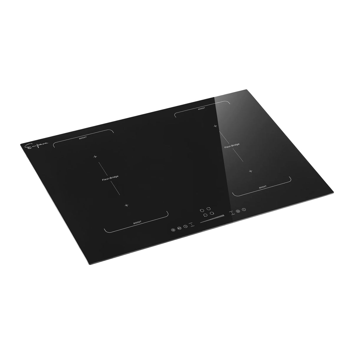 Black induction cooktop with four heating zones and touch control panel along bottom