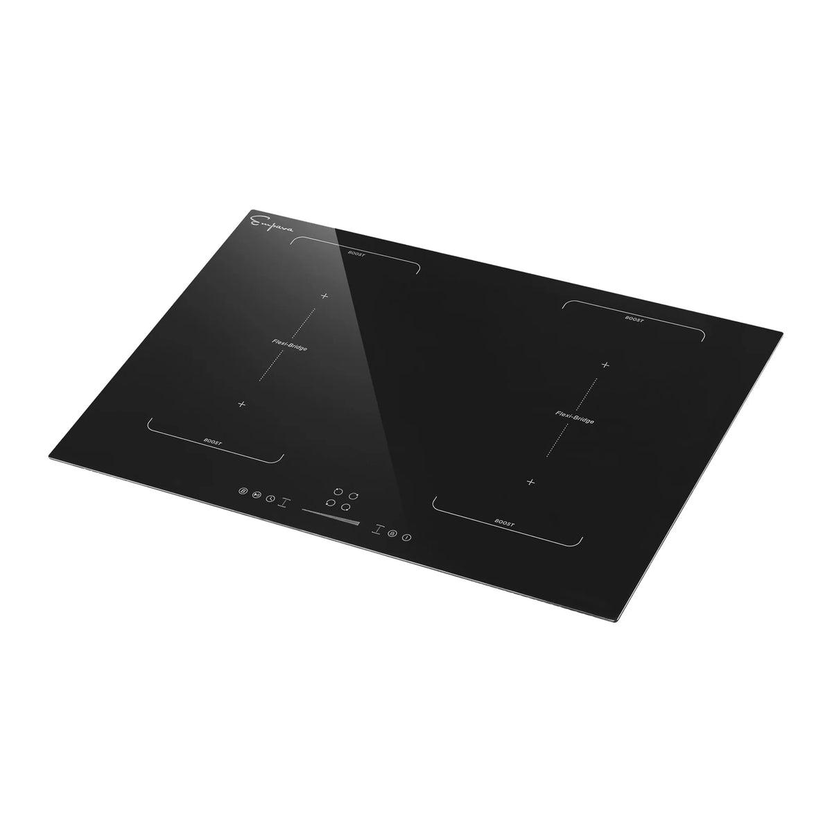 Black induction cooktop with four heating zones, curved control layout, and icons