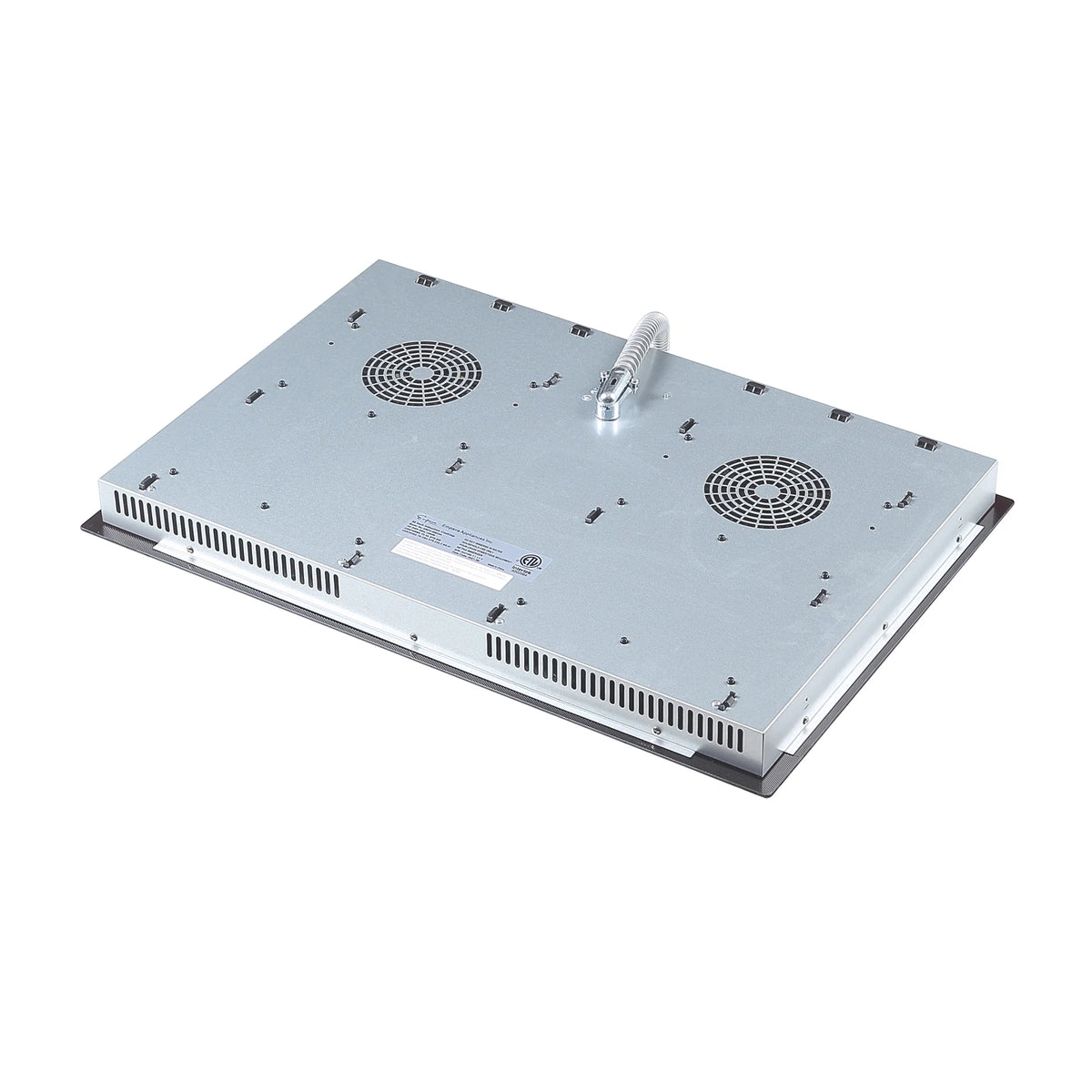 Silver cooktop underside with cooling vents and two circular exhaust fan covers