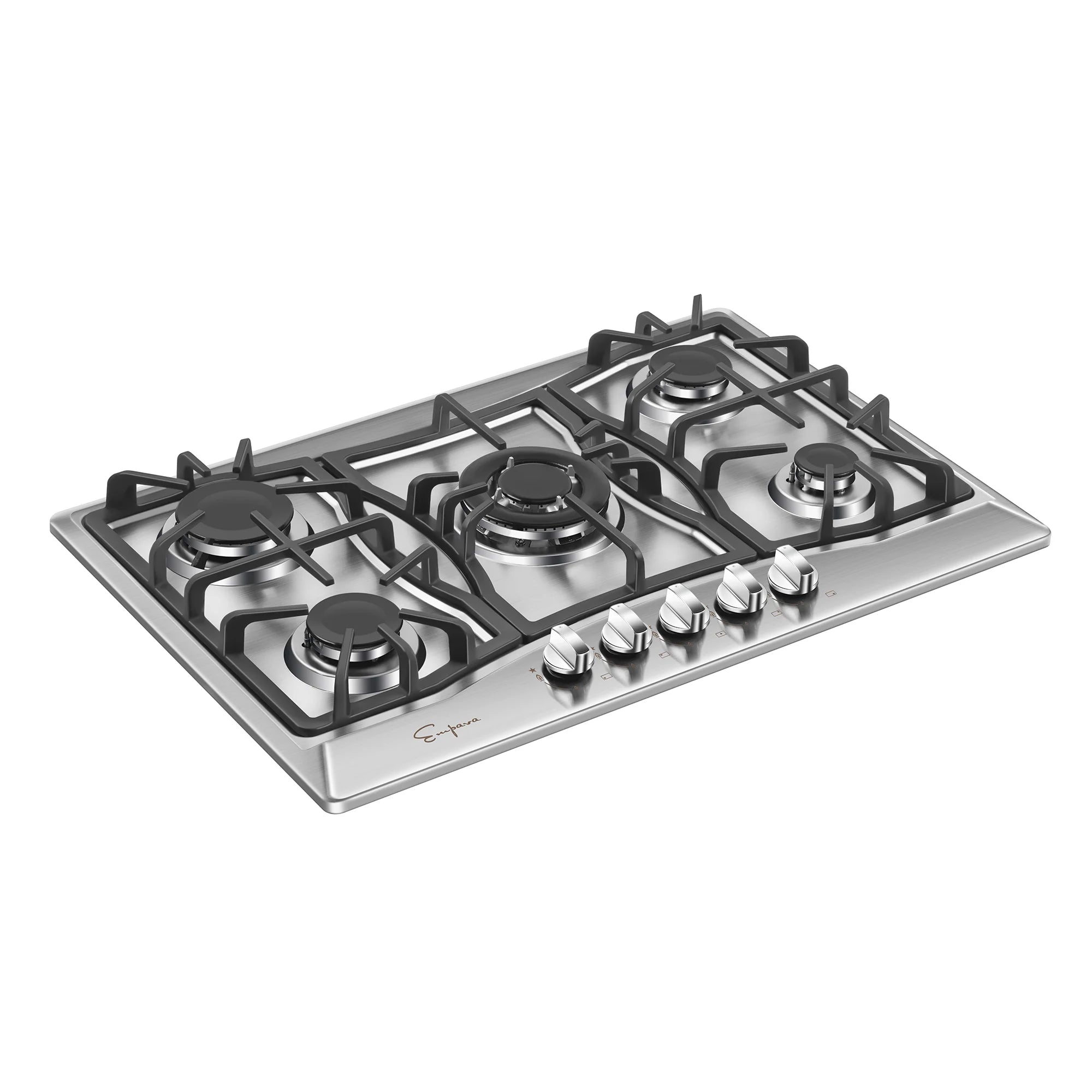 Stainless steel built-in natural gas cooktop with 5 burners and black cast-iron grates