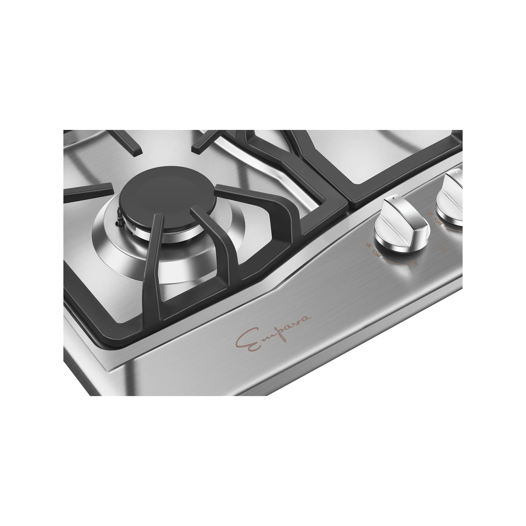 Stainless steel built-in gas cooktop control panel with round knobs and metal surface