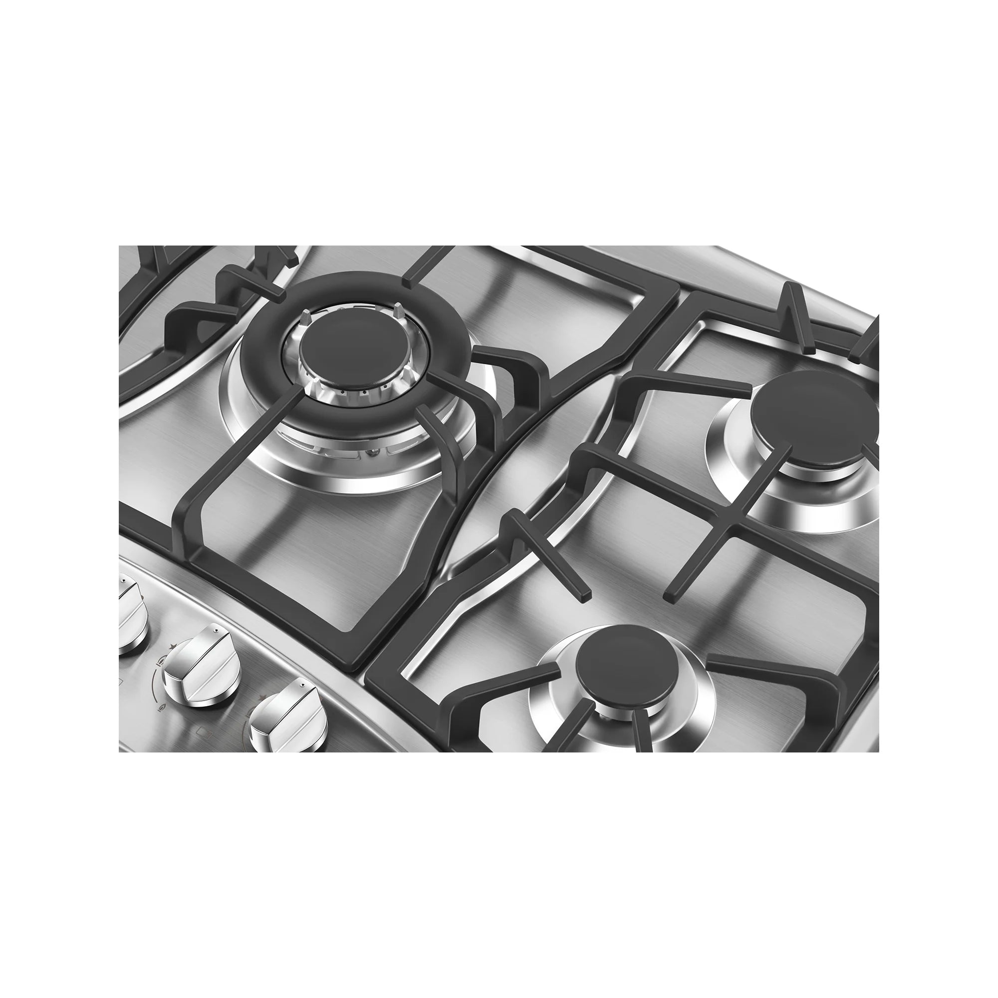 Close-up of stainless steel built-in gas cooktop burners with black cast-iron grates