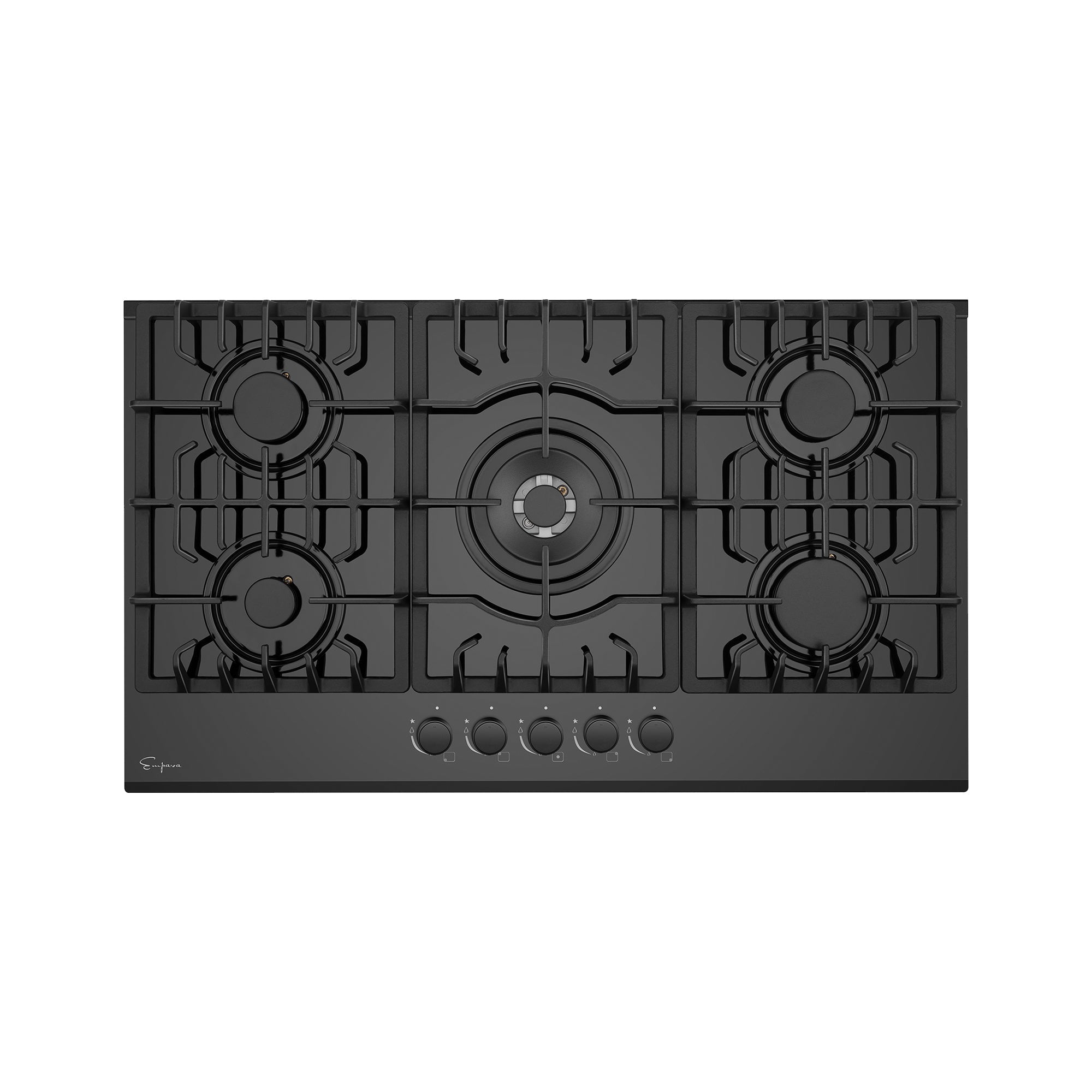 Black built-in natural gas cooktop with five burners and continuous grates