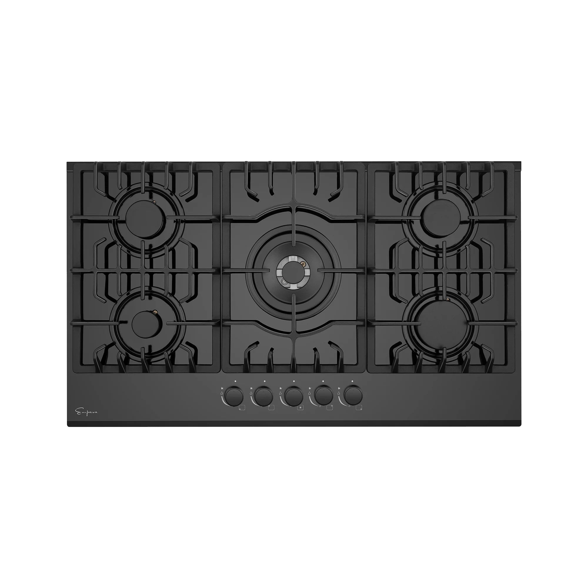 Black built-in natural gas cooktop front view with five burners and control knobs
