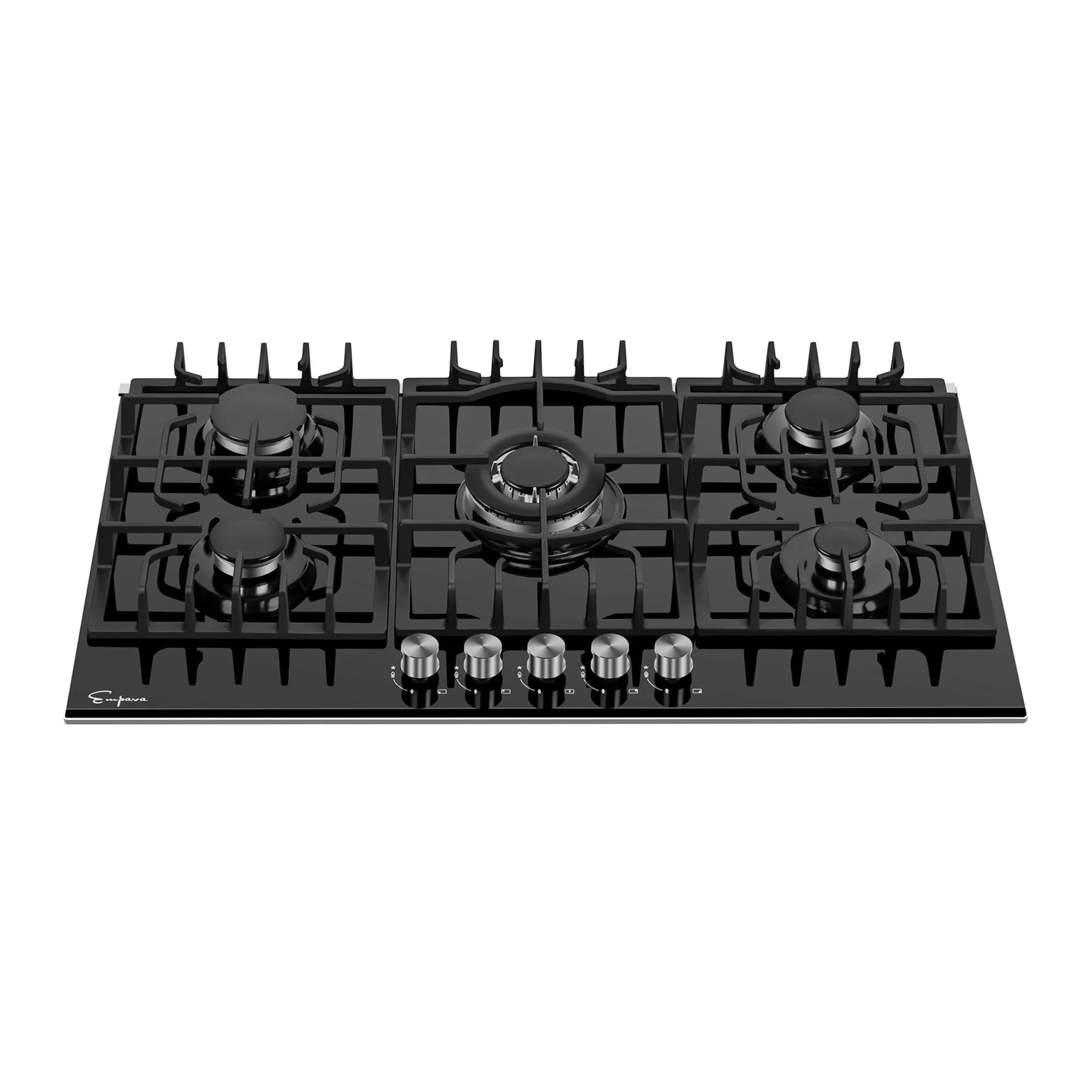 Black built-in natural gas cooktop with five burners and front control knobs
