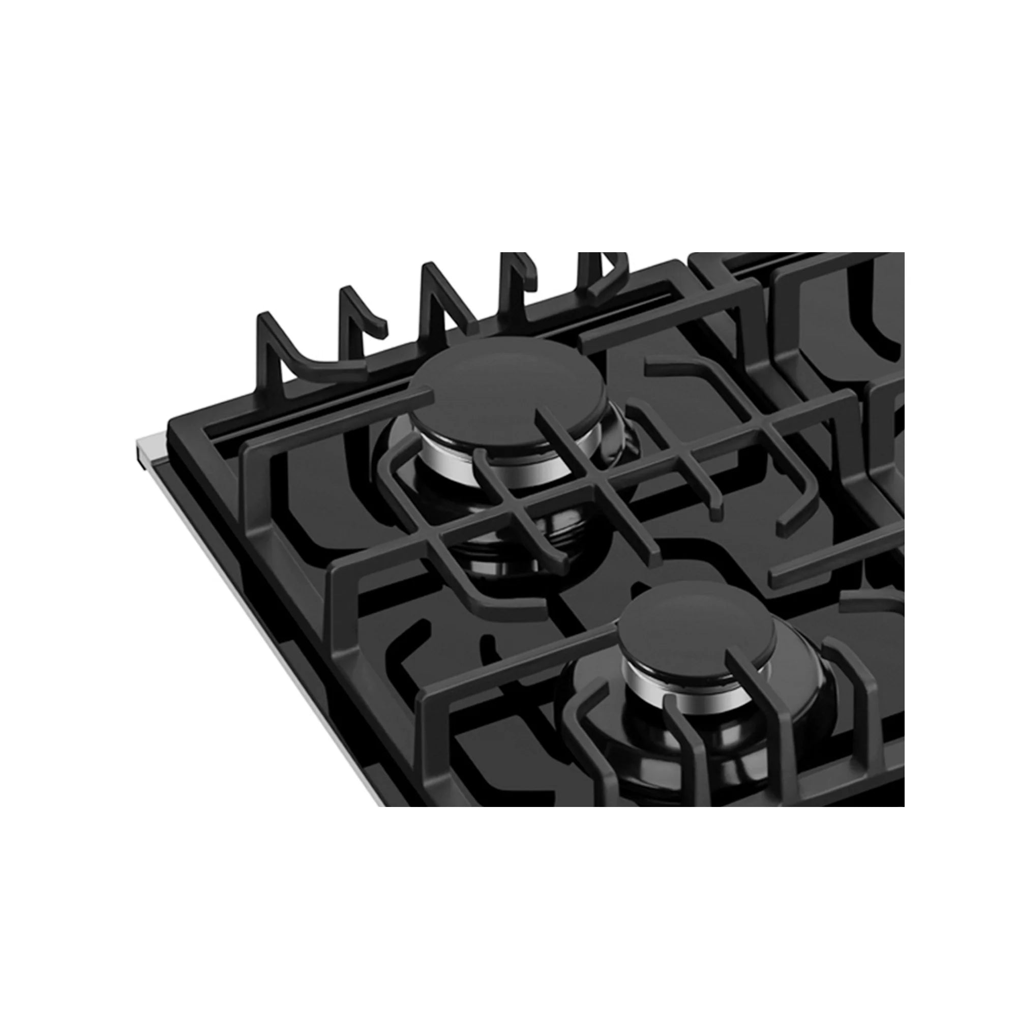Black built-in natural gas cooktop close-up of two burners and ignition grates