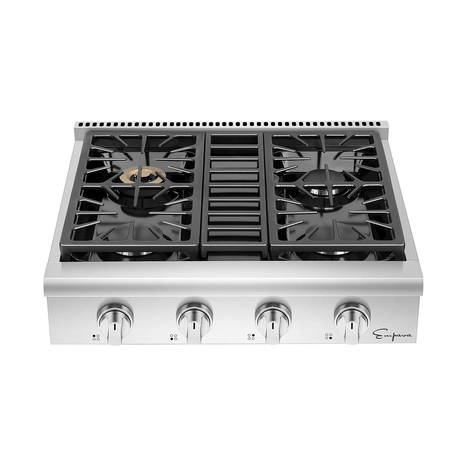 30-inch natural gas cooktop, top view with four cast-iron grates