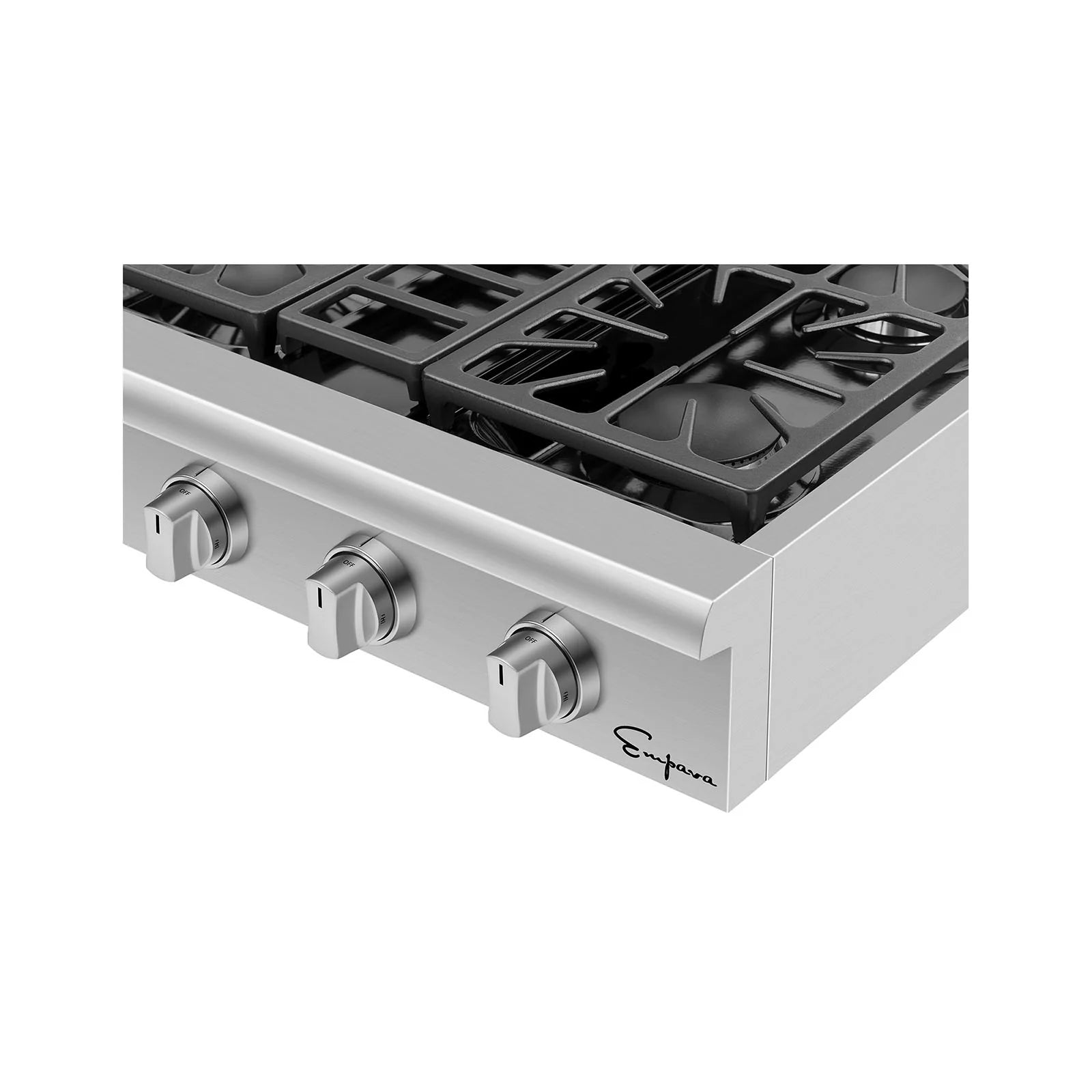 Gas cooktop front panel with stainless control knobs and grate surface detail