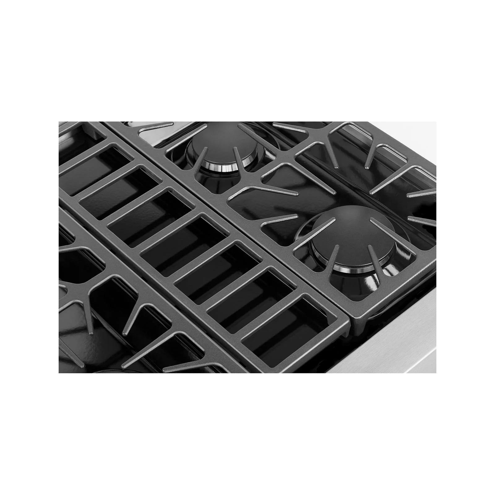Gas cooktop grate close-up with burner head detail and black enamel surface