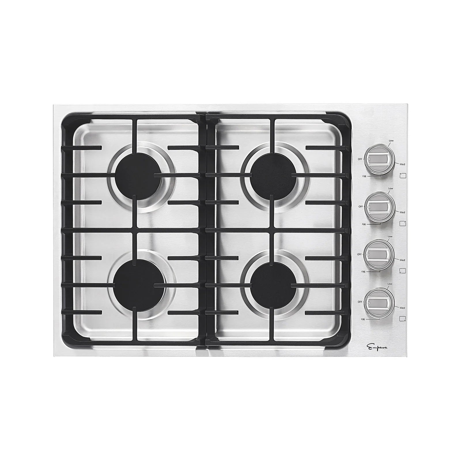 Stainless steel gas cooktop with four cast-iron style grates and four knob dials