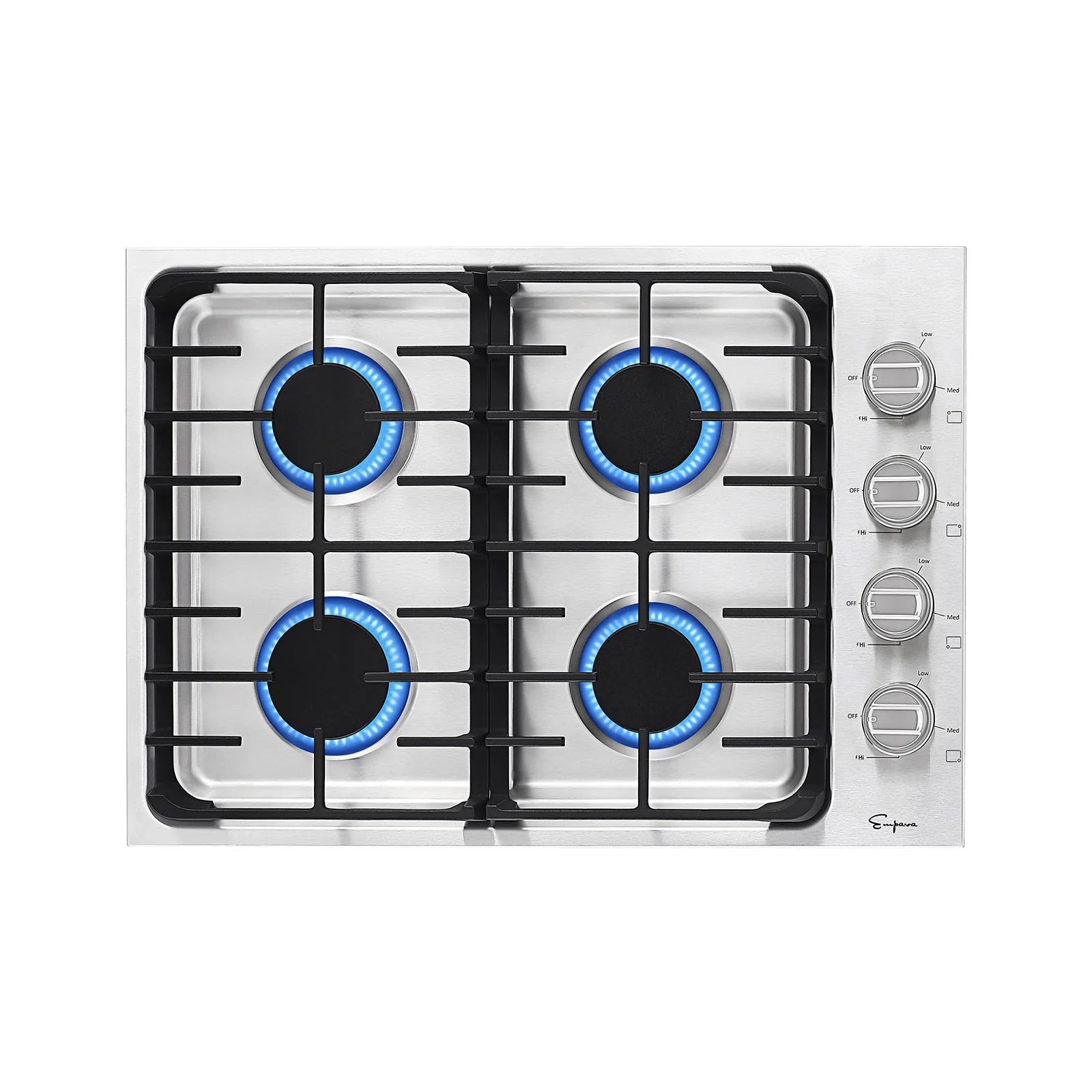 Stainless steel gas cooktop with four burners showing blue flame rings and knob controls