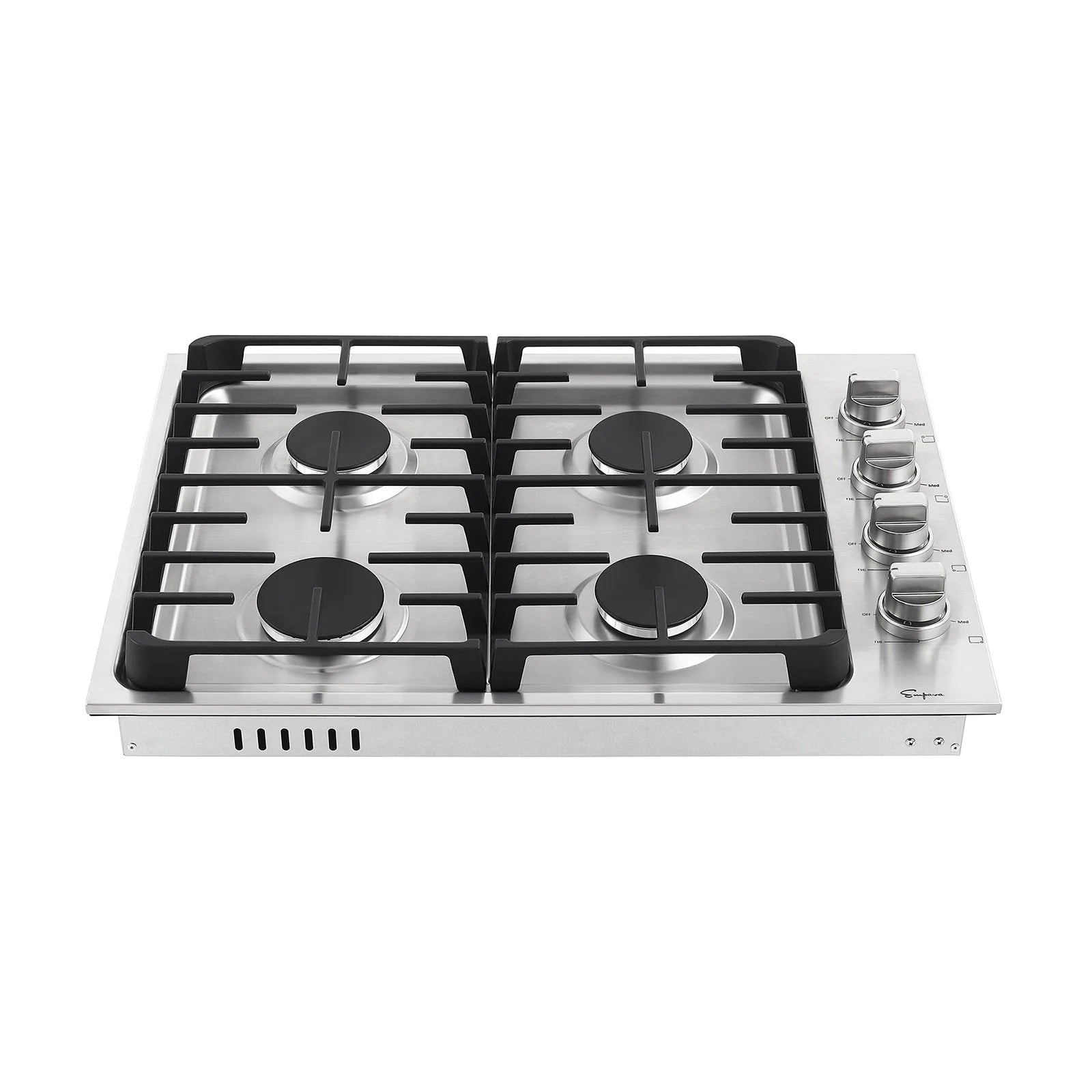 Stainless steel built-in gas cooktop with black burner grates and four silver knob controls